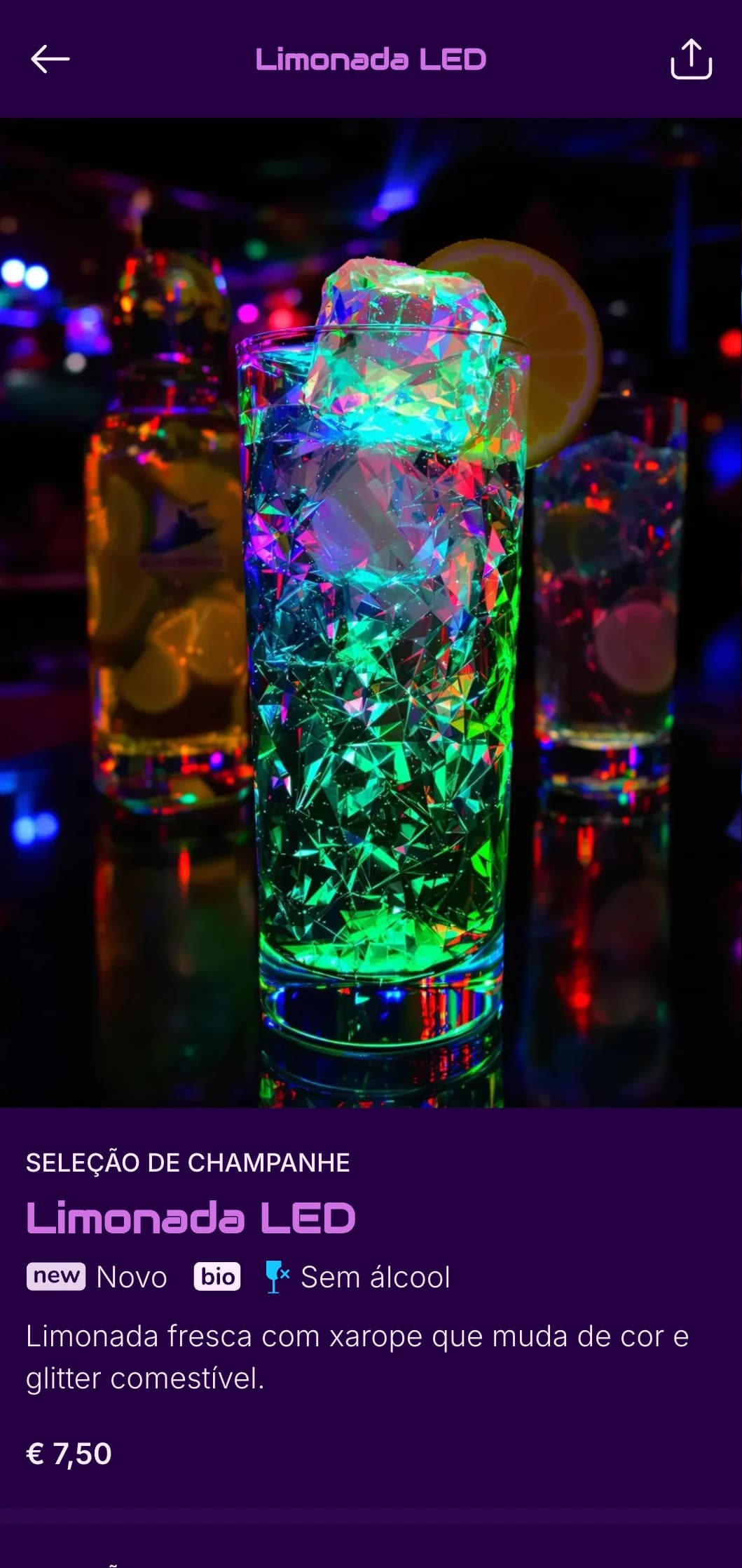Design arrojado inspirado em neon roxo para casas noturnas e bares dançantes de alta energia.