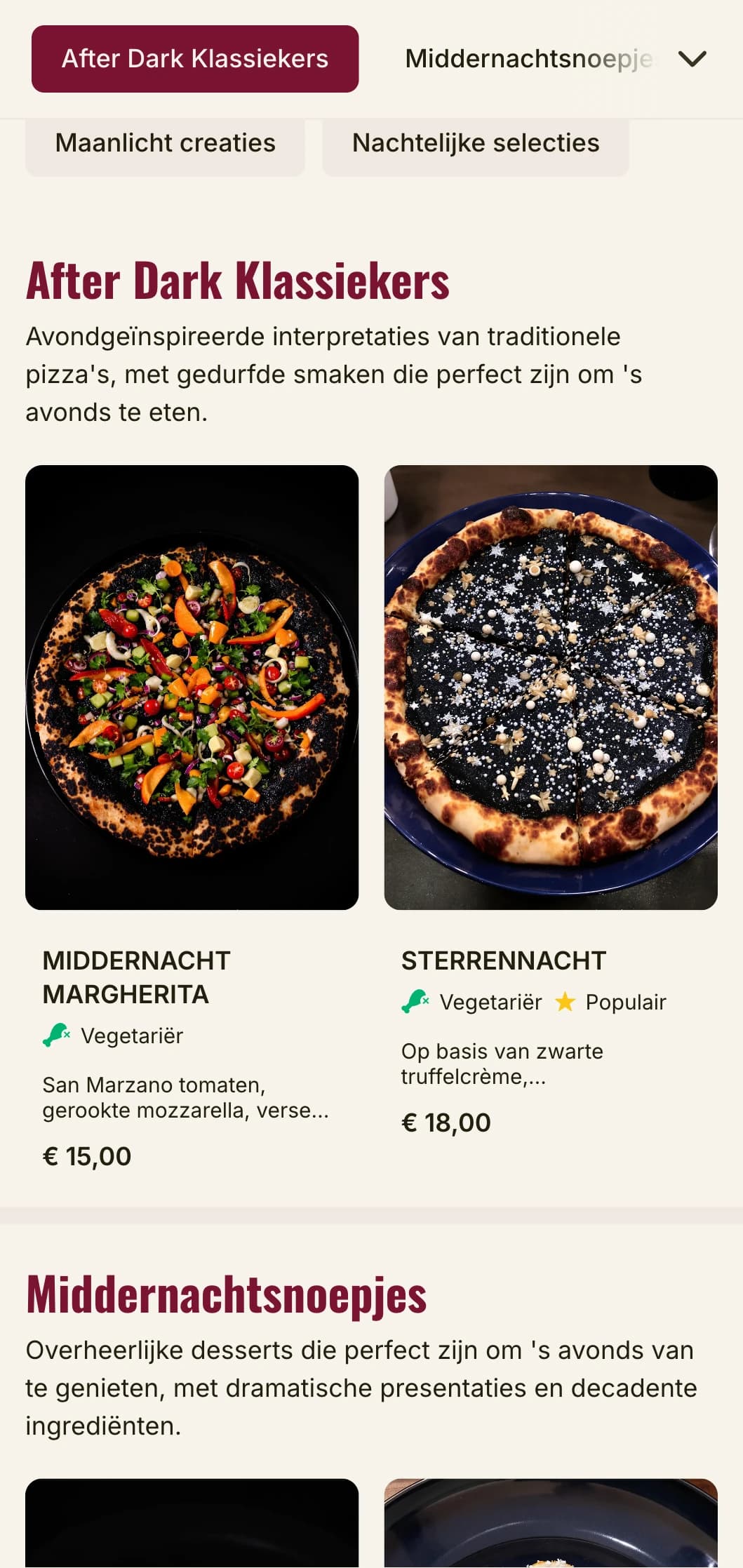 Laat op de avond pizzeriamenu met donkere, stemmige esthetiek voor avondlijke eetervaringen.