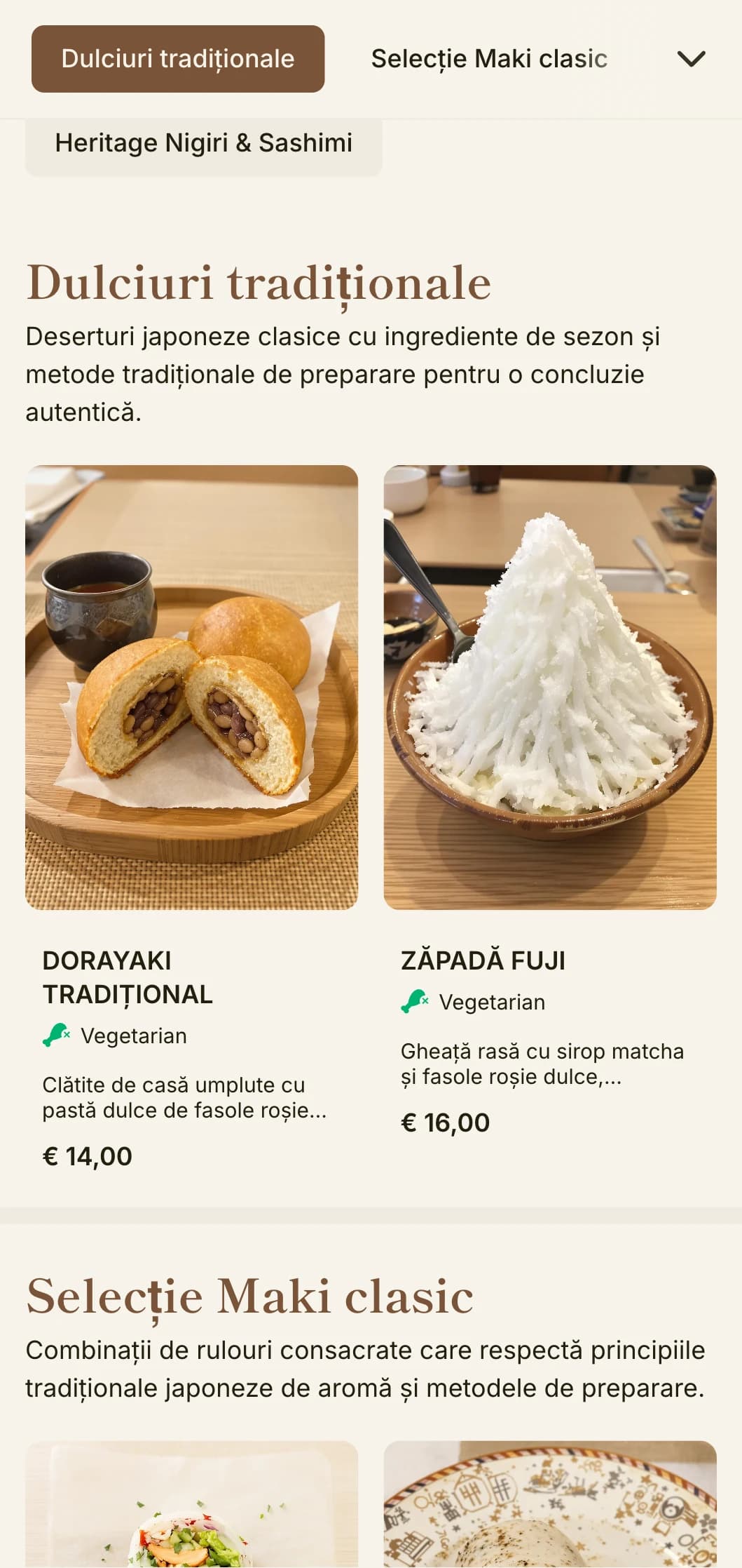 Meniu clasic de sushi japonez inspirat de Mt. Fuji, cu elemente tradiționale și accente calde de maro pentru o cină autentică.