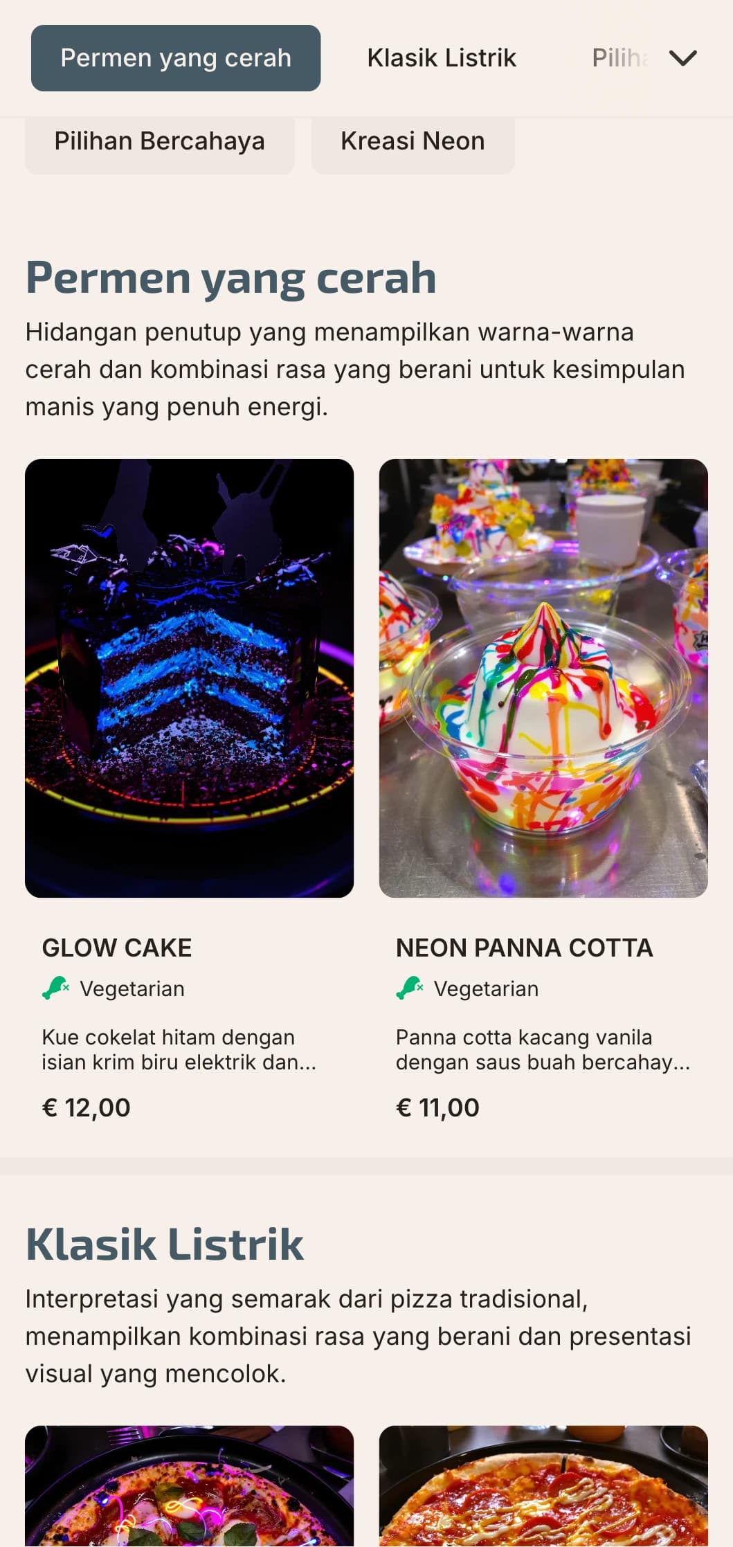 Menu pizza kontemporer dengan aksen warna neon dan estetika urban yang modern.