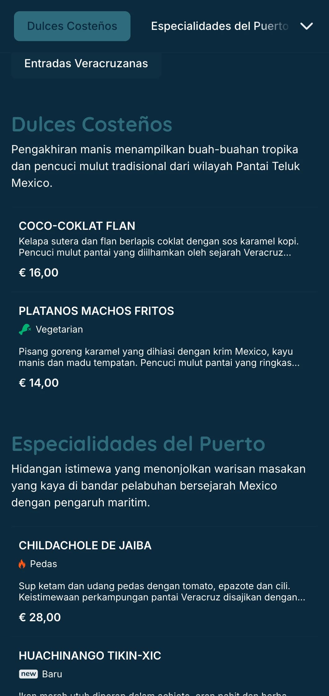 Menu pantai yang segar dan berperisa yang mempamerkan kepakaran makanan laut Veracruz dengan aksen biru, imejan pantai dan penyediaan ikan istimewa.