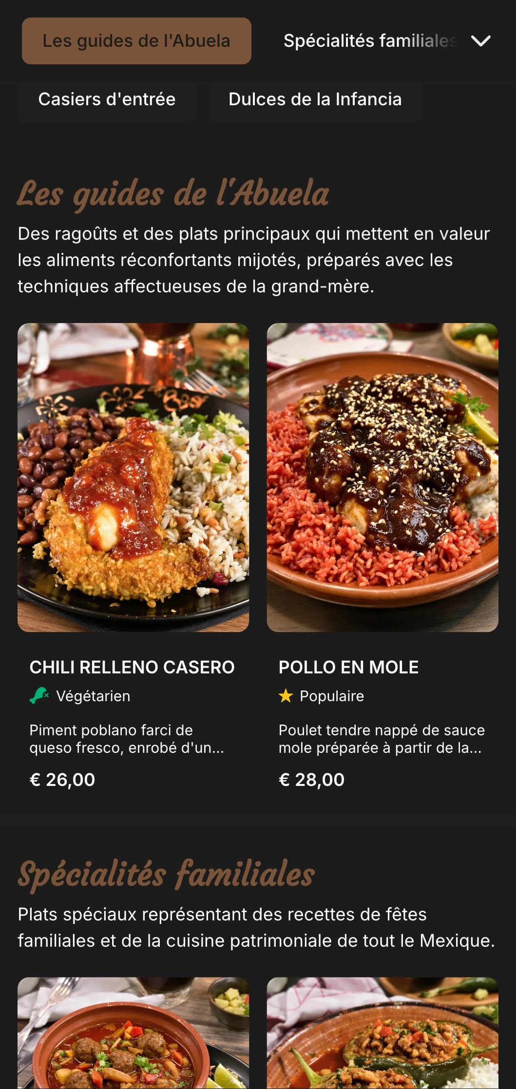 Menu mexicain familial, chaleureux et réconfortant, avec des recettes de grand-mère, des accents bruns chauds et des plats familiaux traditionnels.