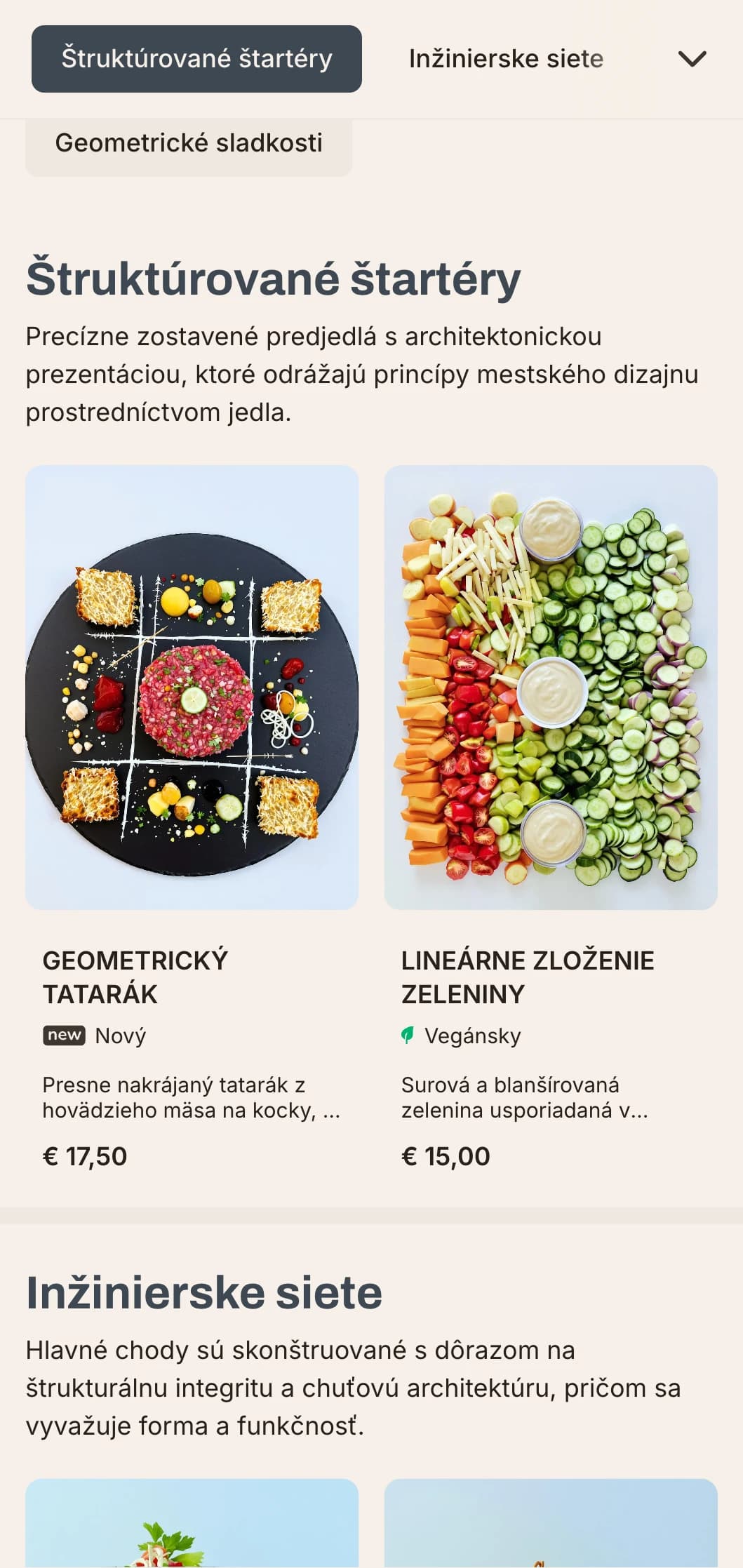 Odvážny, architektonický dizajn obedového menu s výraznými líniami a mestskými prvkami, ideálny pre moderné reštaurácie v obchodných štvrtiach a moderných projektoch.
