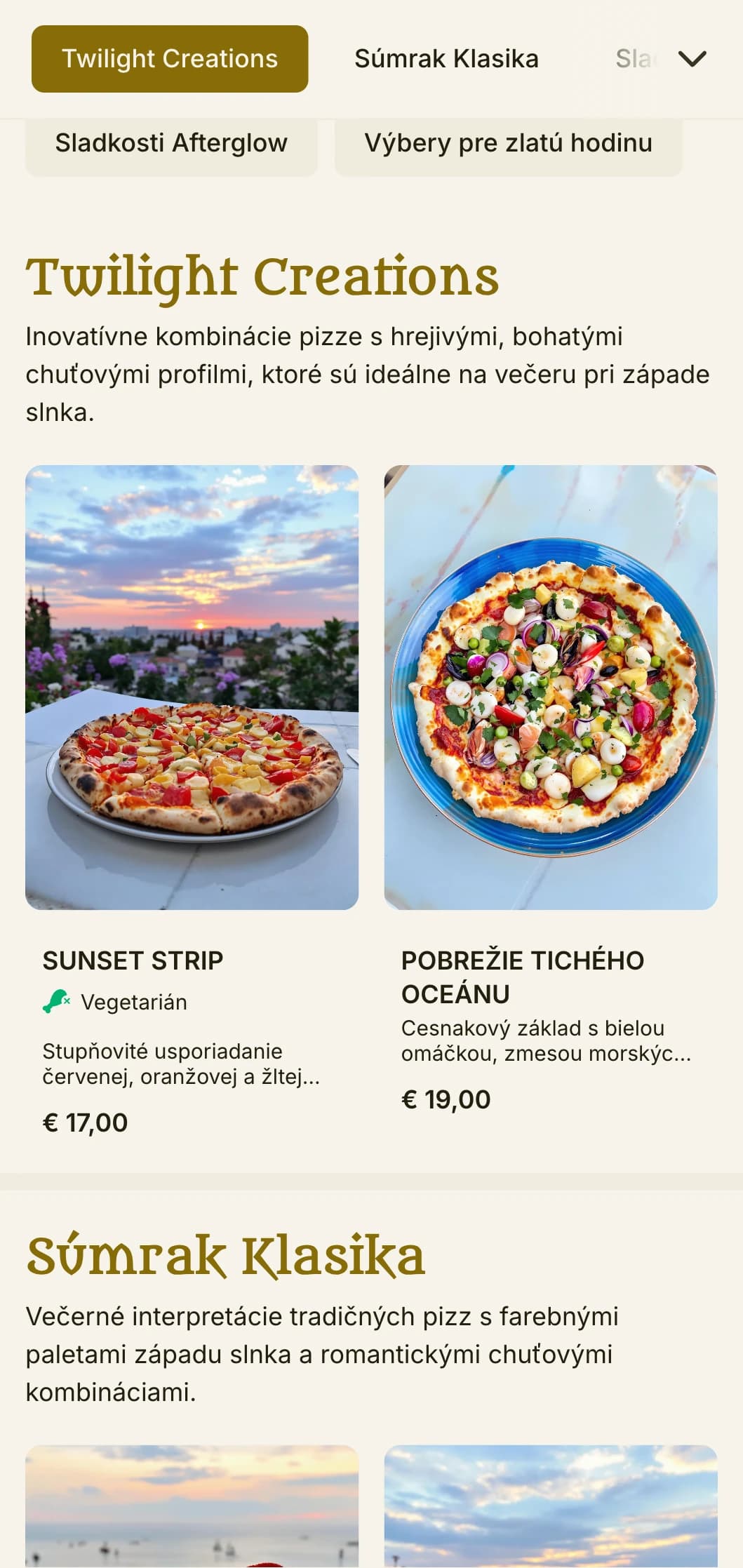 Živé večerné menu s pizzou s farebnou paletou západu slnka a romantickými prvkami.