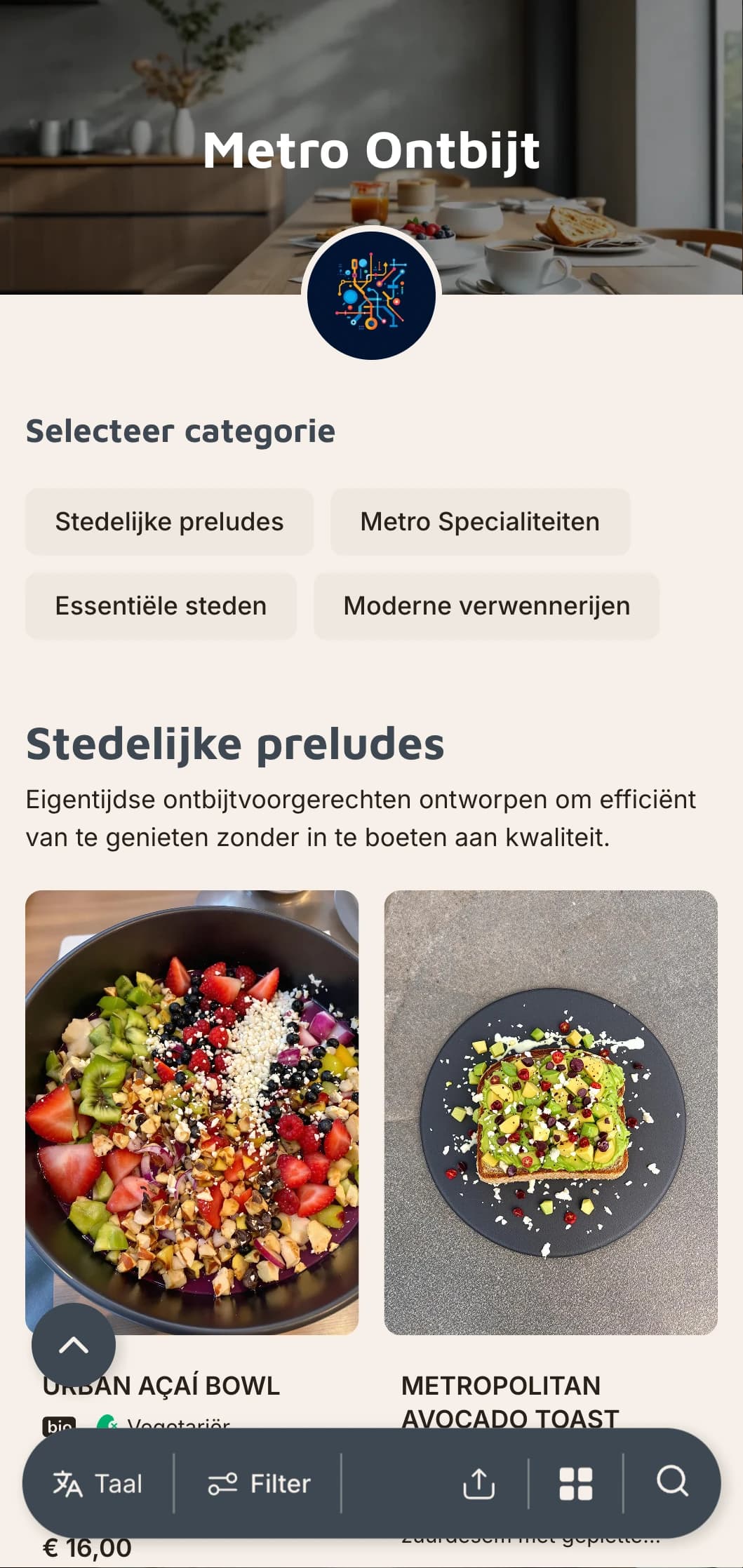 Urban geïnspireerde ochtendgerechten met internationale invloeden en een eigentijdse presentatie voor het kosmopolitische diner.