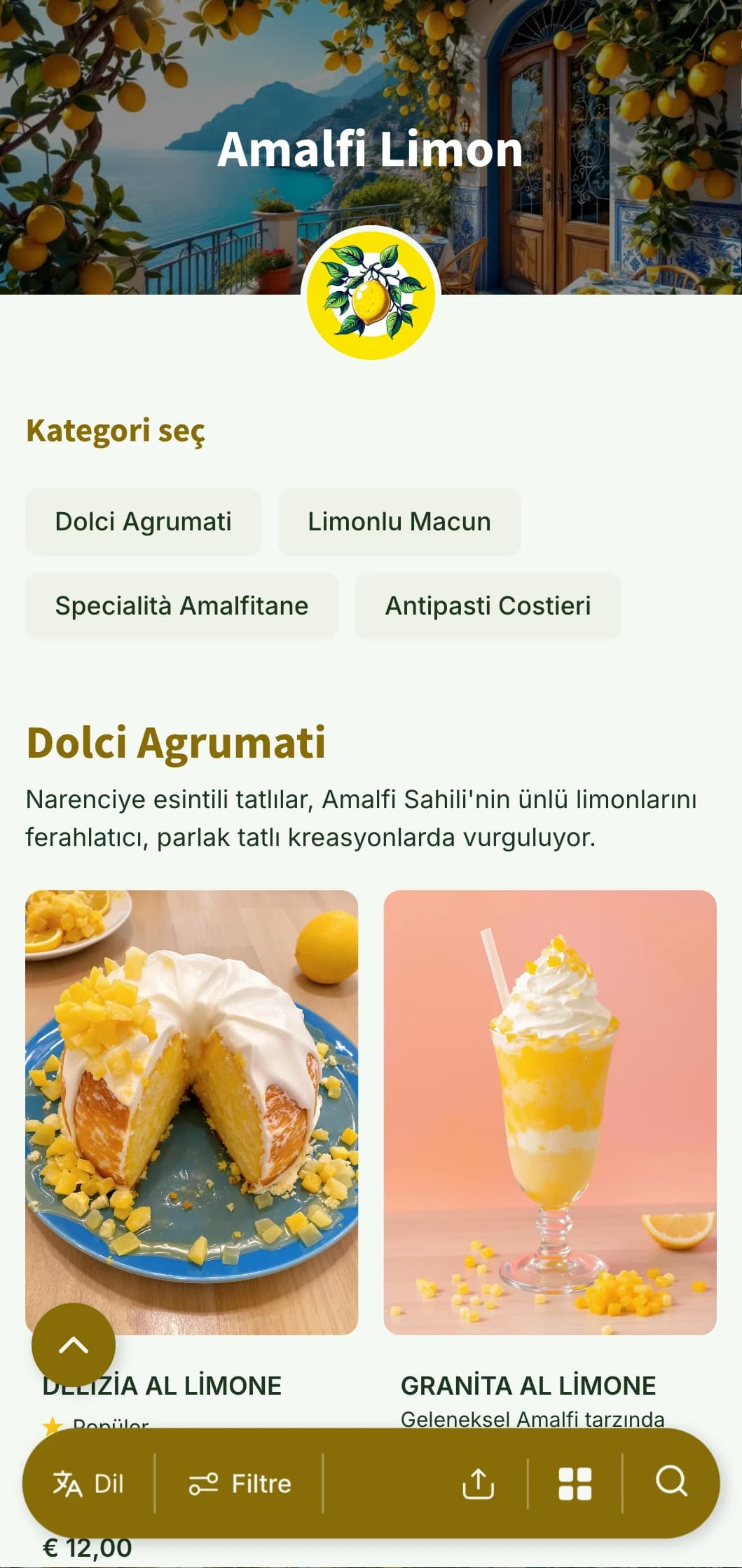 Amalfi Sahili'nden ilham alan aydınlık ve havadar tasarım, limon motifleri ve Akdeniz mavisi vurgular içeriyor.