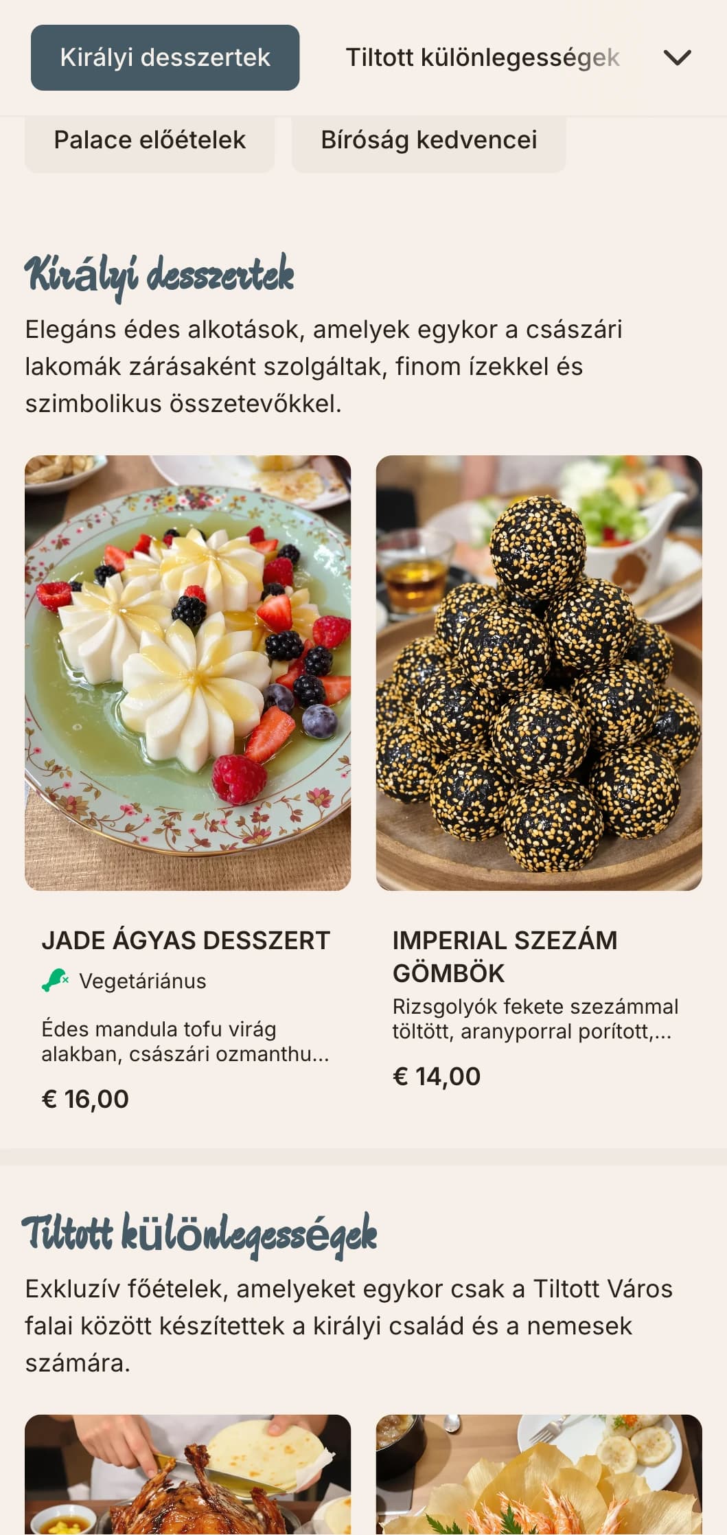 Kifinomult kínai menüsor, amelyet a pekingi Tiltott Város építészete ihletett, császári motívumokkal a finom étkezési élményekhez.