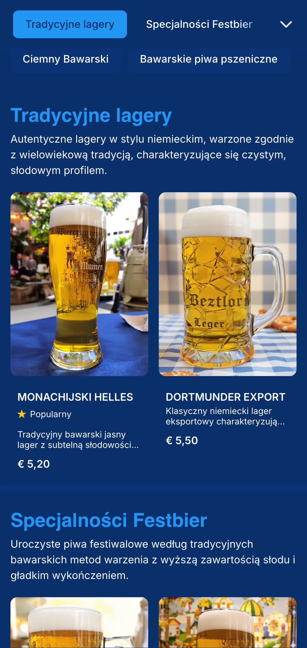 Tradycyjny szablon w bawarskim stylu z klasyczną niebiesko-białą kolorystyką, idealny do autentycznych niemieckich piwiarni i obchodów Oktoberfest.