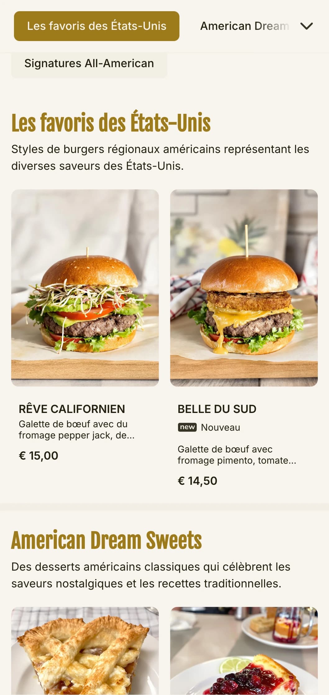 Restaurant à hamburgers américain classique avec des accents rouges, blancs et bleus et des éléments nostalgiques de restaurant.