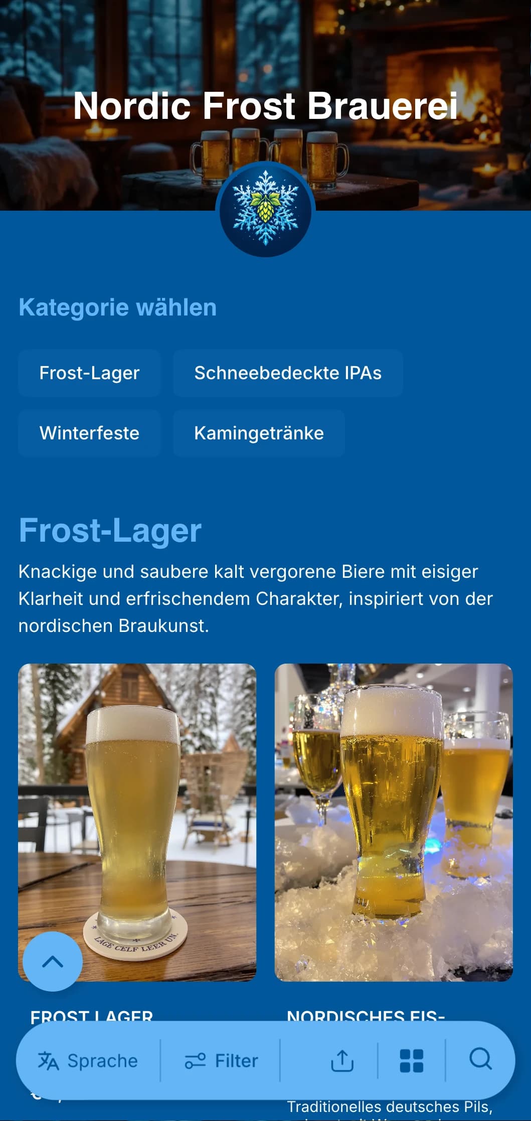 Kühles und klares Winterdesign mit eisigen Blautönen und Schneeflockenakzenten, ideal für winterliche Biermenüs.