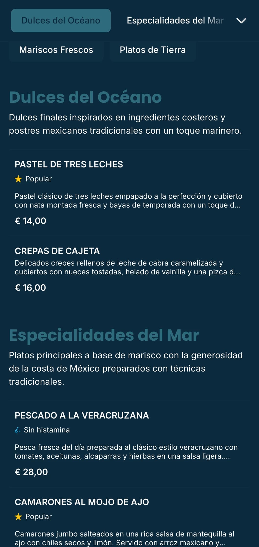 Fresco y fresco diseño de menú costero mexicano con especialidades de mariscos con acentos azul celeste, sutiles patrones de olas y ambiente junto a la playa.