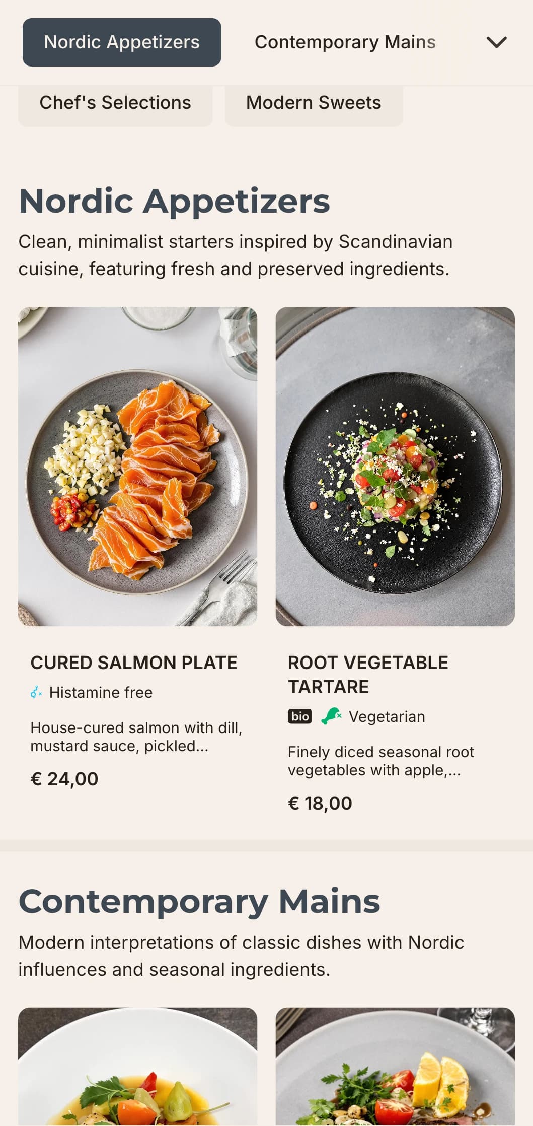 A clean, minimalist dinner menu design with Scandinavian influences, featuring ample white space and geometric elements, ideal for contemporary dining establishments.