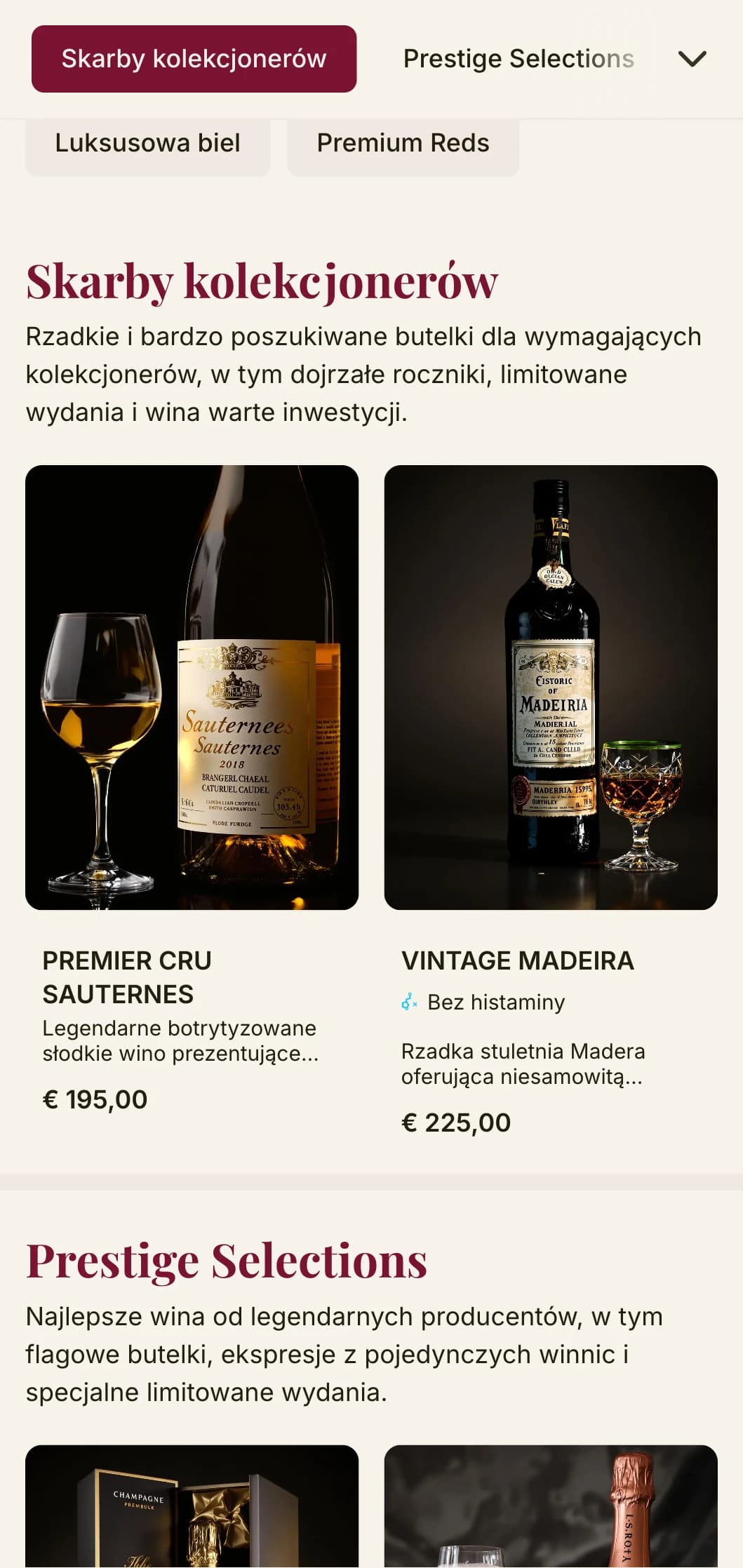 Dramatycznie luksusowy szablon karty win z głębokimi czerwonymi akcentami i wyrafinowaną typografią, idealny do piwniczek z winami premium i ekskluzywnych lokali.