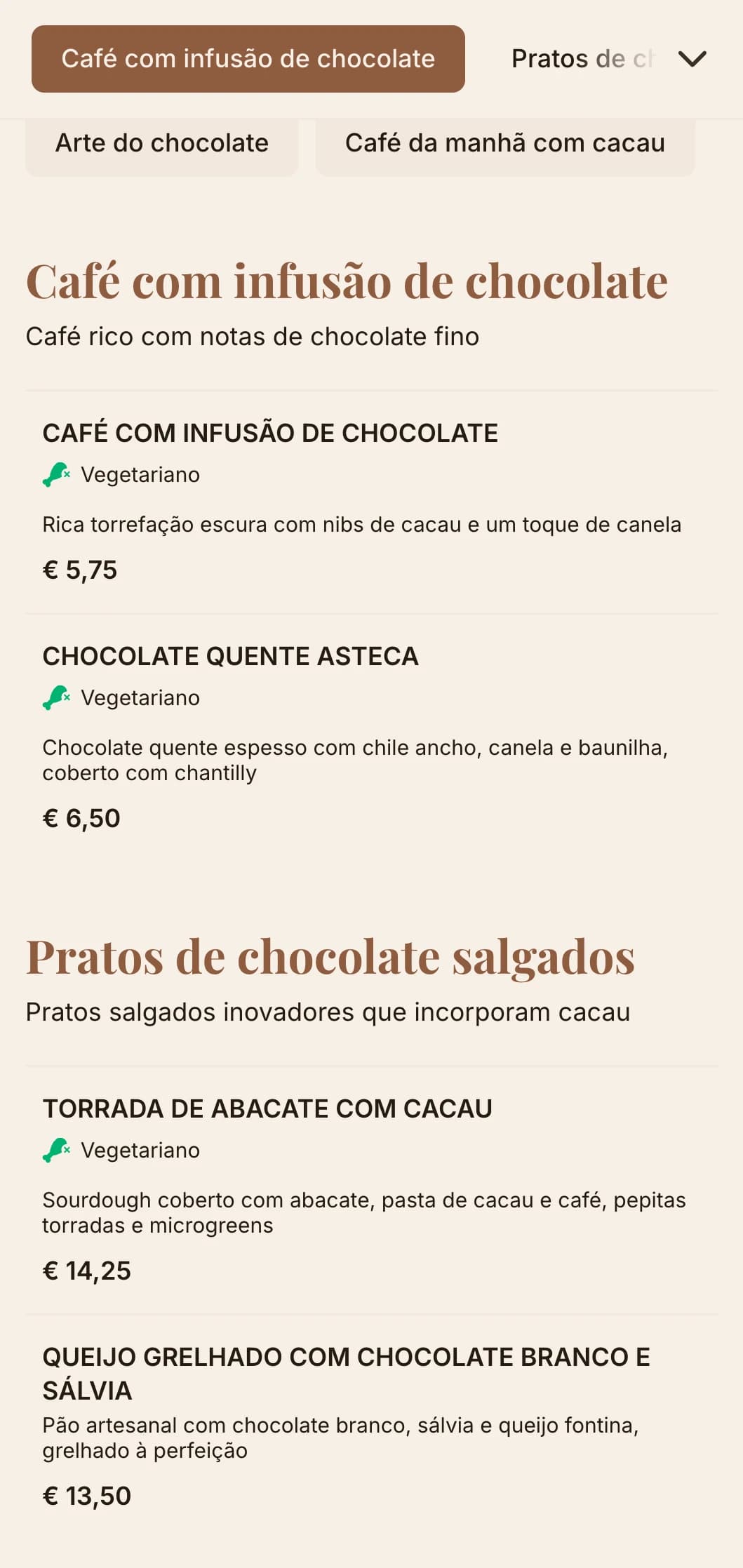 Design em marrom profundo com texturas ricas para cafés de chocolate e lojas de sobremesas.