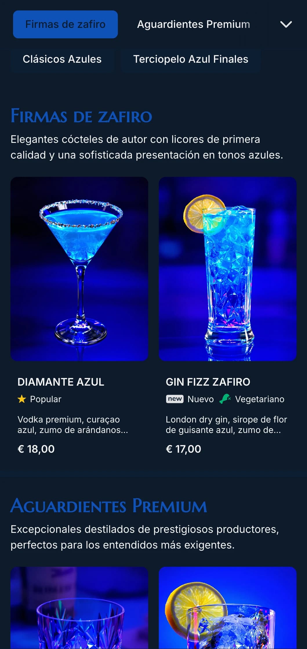 Un lujoso diseño inspirado en las piedras preciosas para coctelerías de lujo, con tonos azules profundos y una elegante tipografía.