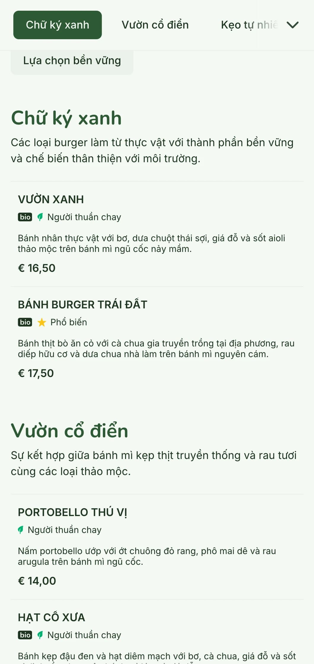 Thực đơn burger thân thiện với môi trường, chú trọng vào tính bền vững, sử dụng nguyên liệu tự nhiên và các lựa chọn có nguồn gốc thực vật.