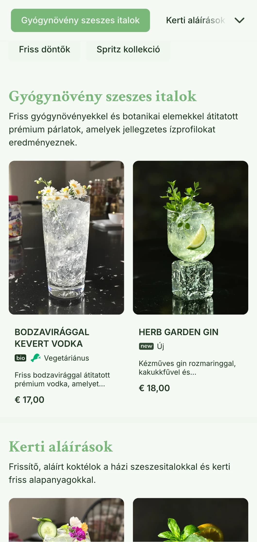 Friss, kert ihlette design fröccsökre és friss növényi koktélokra specializálódott bárok számára, könnyű, légies tipográfiával.
