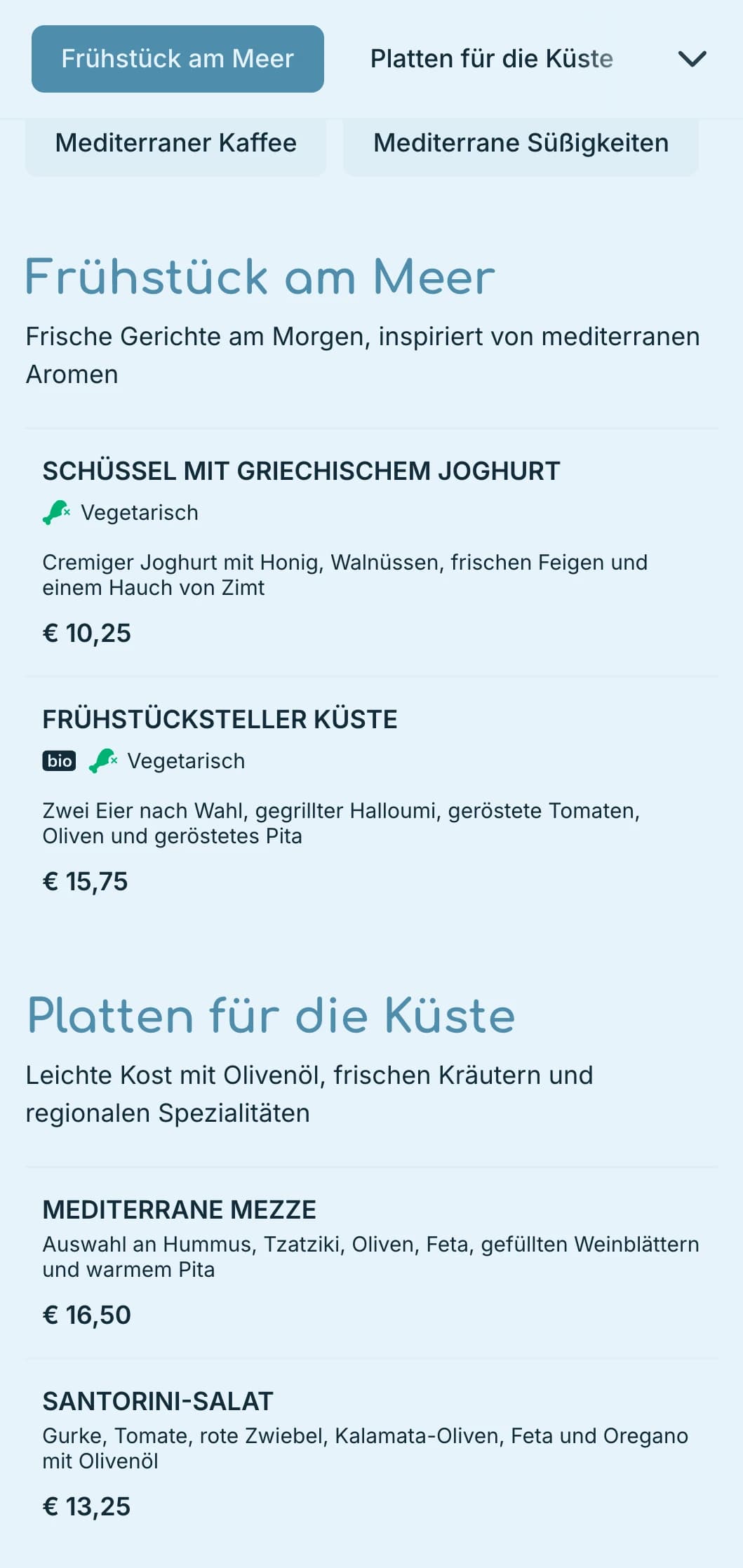 Erfrischende blaue Farbpalette, inspiriert von mediterranen Gewässern, für Cafés und Bistros am Meer.
