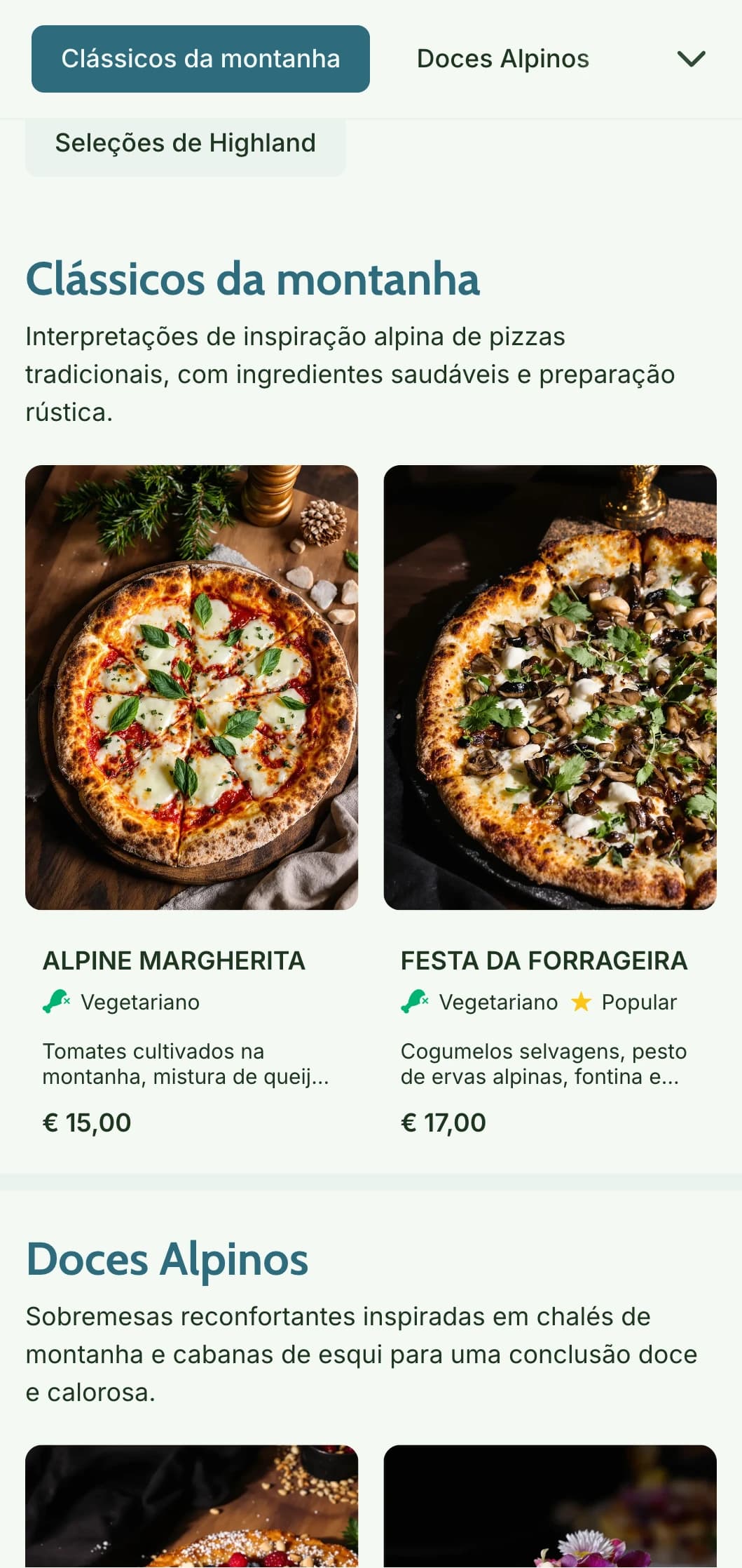 Menu de pizza inspirado na montanha com elementos naturais e estética rústica alpina.