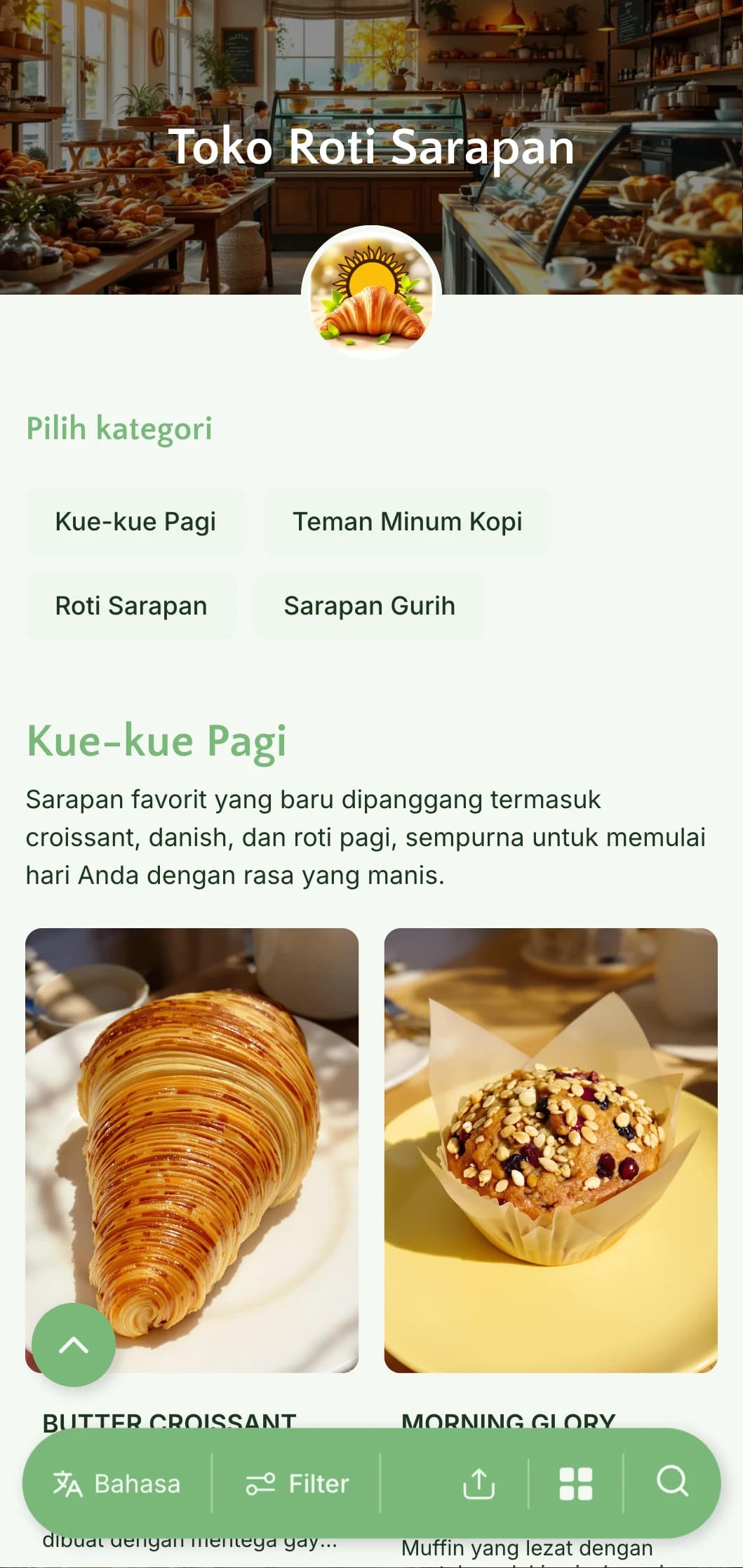 Desain menu roti yang cerah dan terinspirasi dari pagi hari dengan warna hijau segar dan tipografi yang bersih, cocok untuk toko roti yang berfokus pada sarapan dan kafe pagi.