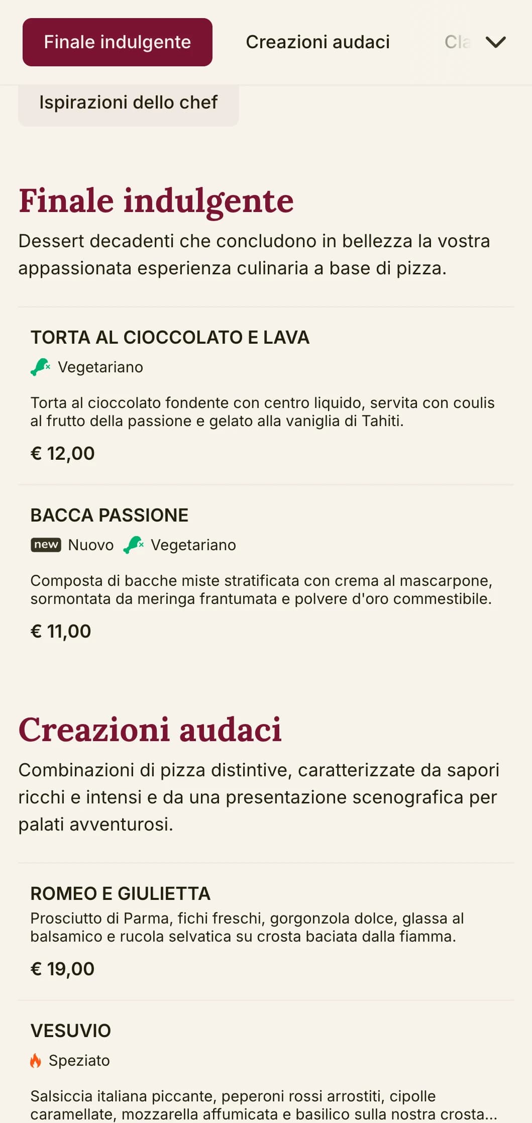 Design del menu pizza audace e appassionato con colori ricchi ed elementi teatrali per pizzerie dal carattere distintivo.