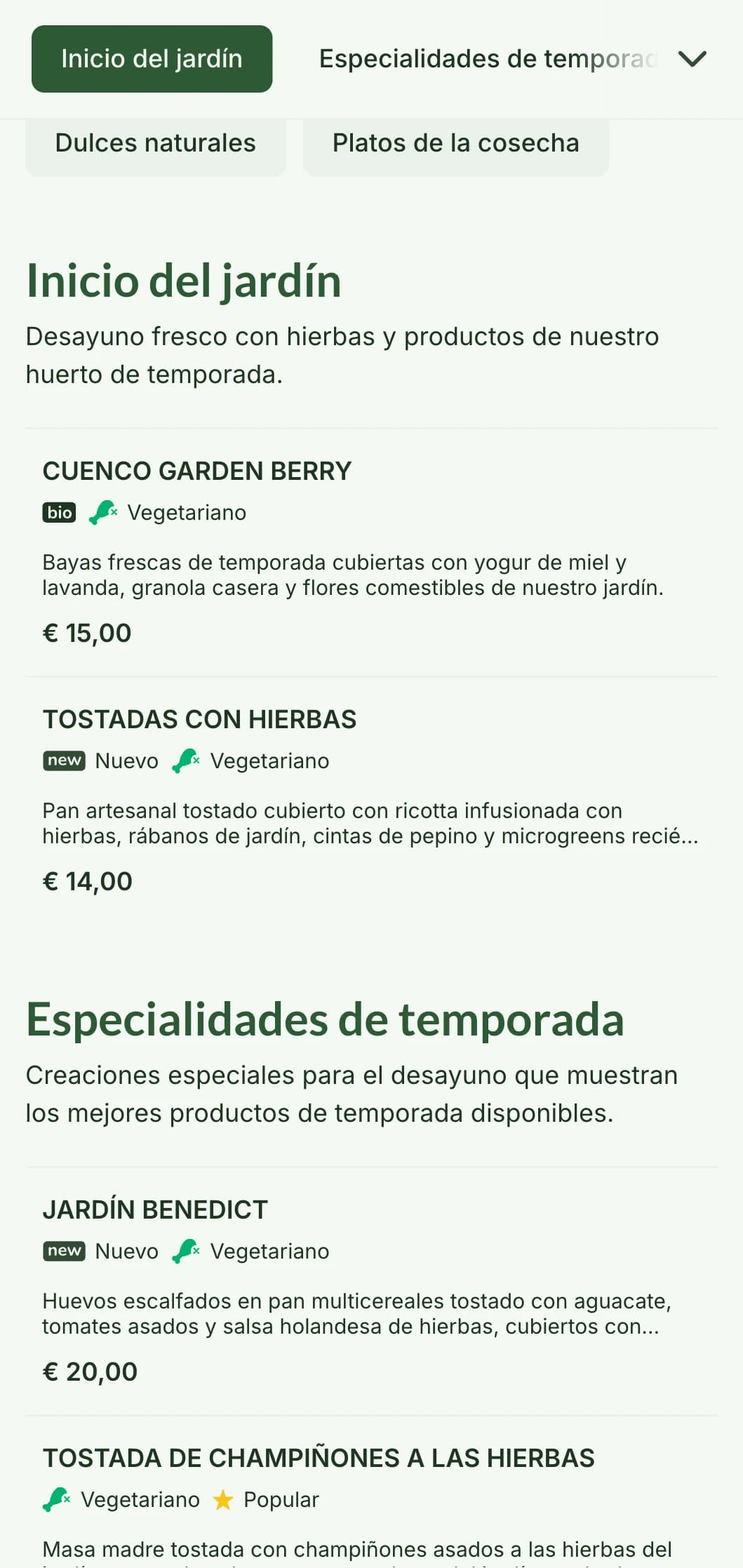 Desayunos inspirados en la naturaleza con productos de temporada e ingredientes ecológicos en una presentación refrescante.
