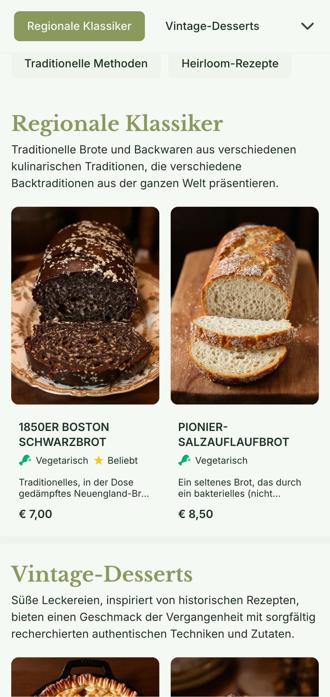 Ein traditionelles, vom Erbe inspiriertes Design für die Speisekarte einer Bäckerei mit olivgrünen Farbtönen und klassischer Typografie, perfekt für Bäckereien, die sich auf historische Rezepte konzentrieren.