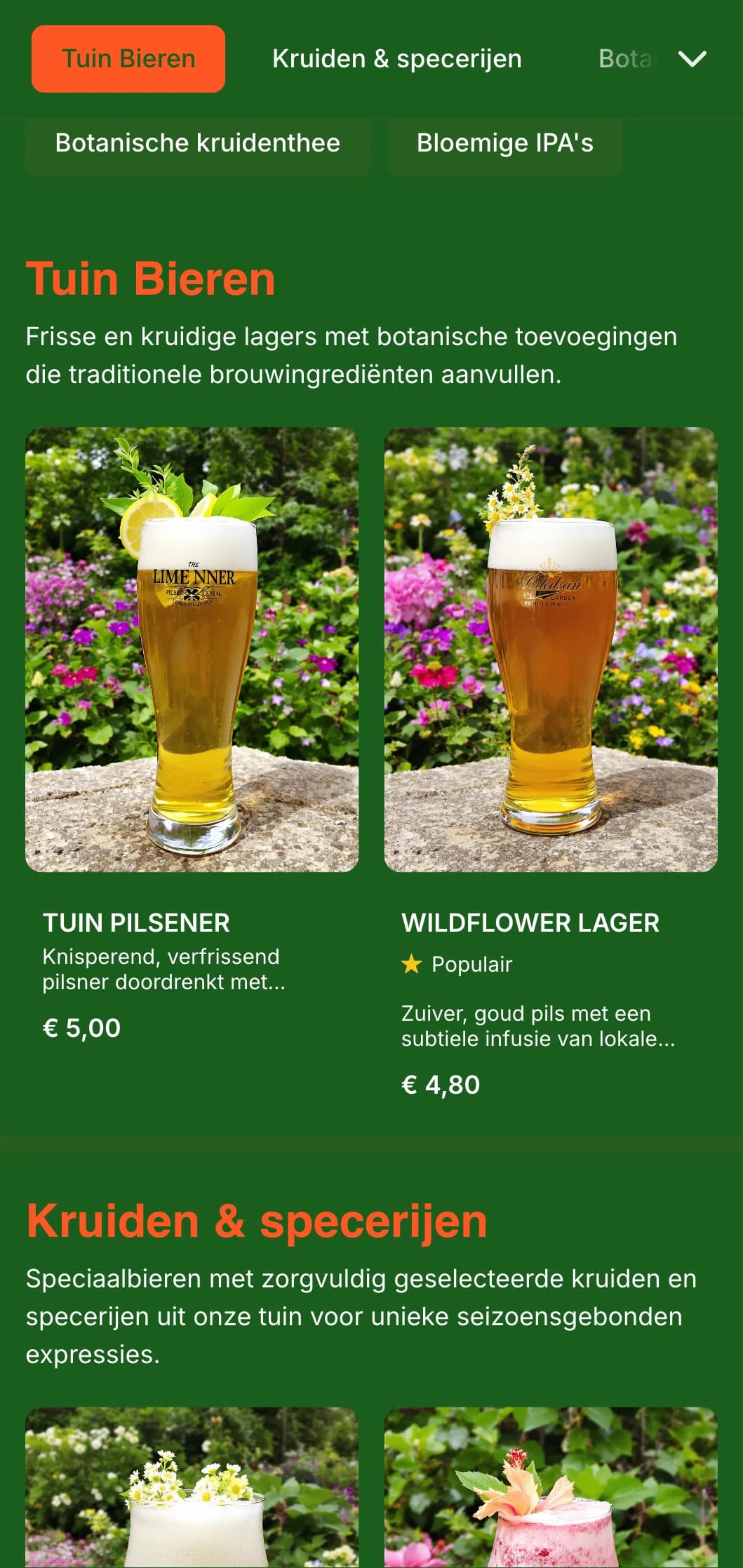 Fris en botanisch geïnspireerd ontwerp met weelderige groene tinten en plantenelementen, ideaal voor tuinbrouwerijen en biertuinen.