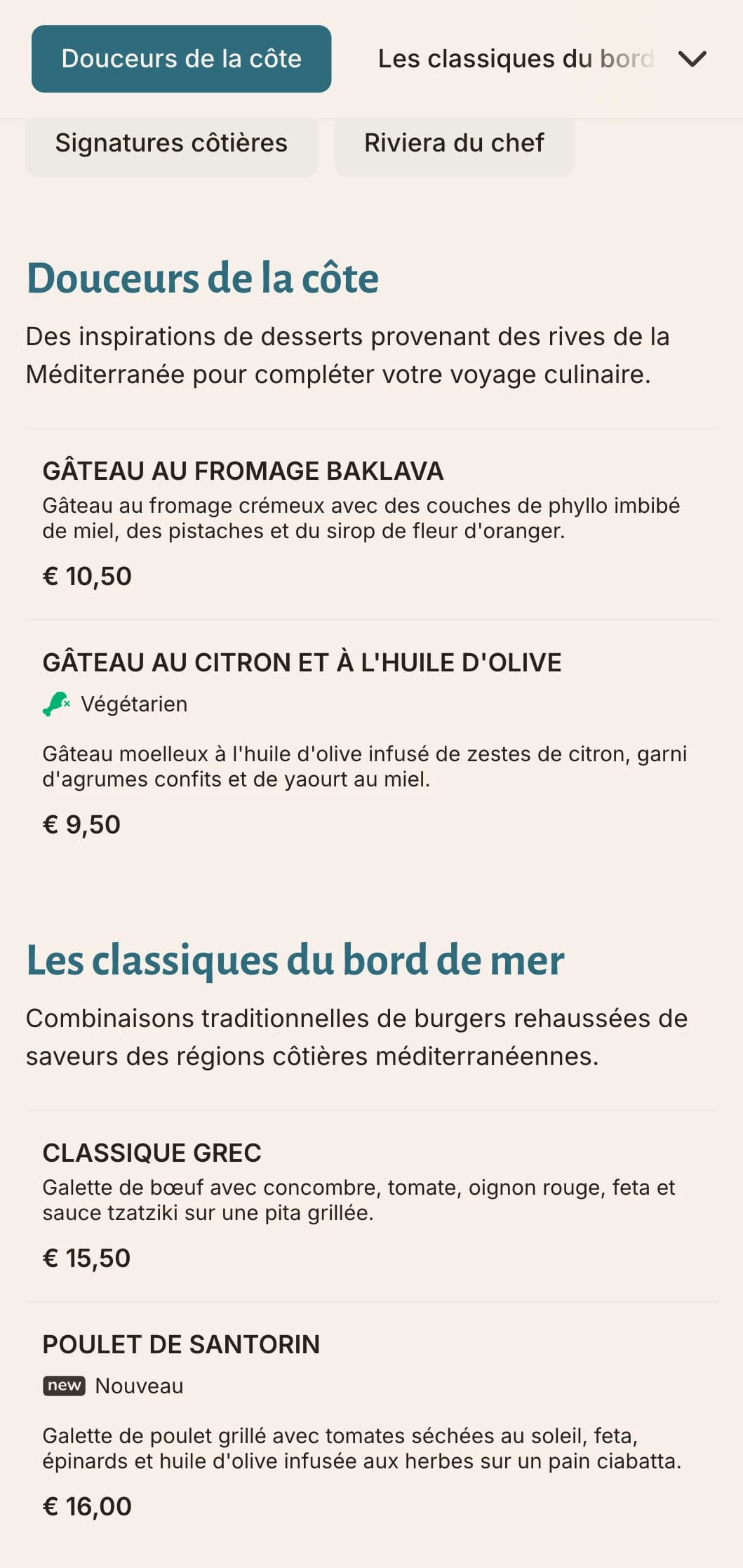 Menu de hamburgers d'inspiration côtière avec des accents bleus méditerranéens et des ingrédients frais.