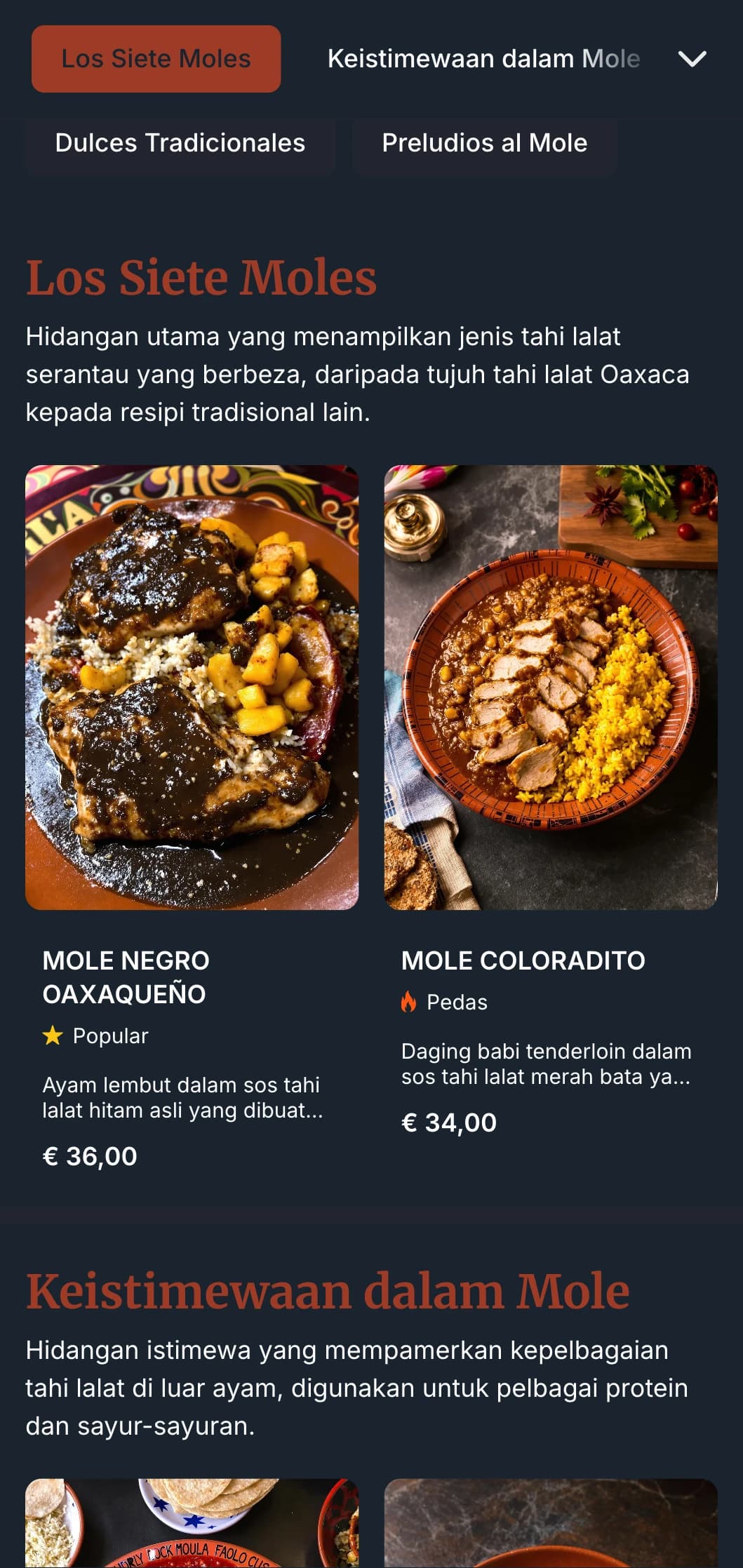 Menu yang kaya dan kompleks yang mempamerkan pelbagai sos tahi lalat Mexico yang menampilkan rona terakota dalam, penyediaan tradisional dan variasi serantau.