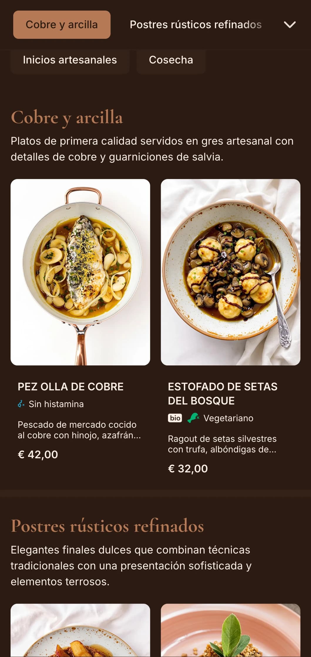 Refinada elegancia rústica con cálidos tonos cobrizos y toques de salvia, perfecta para sofisticadas cenas de la granja a la mesa y de temporada.