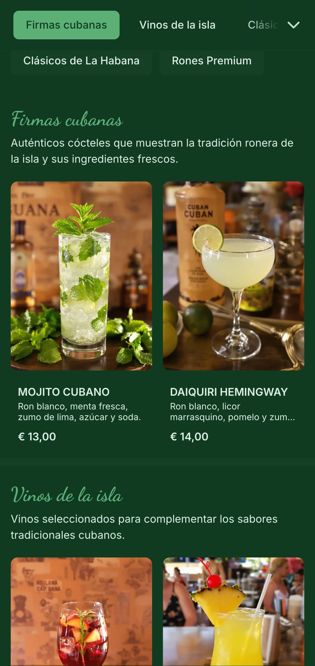 Diseño verde tropical con elementos vintage para bares de ron de inspiración cubana.
