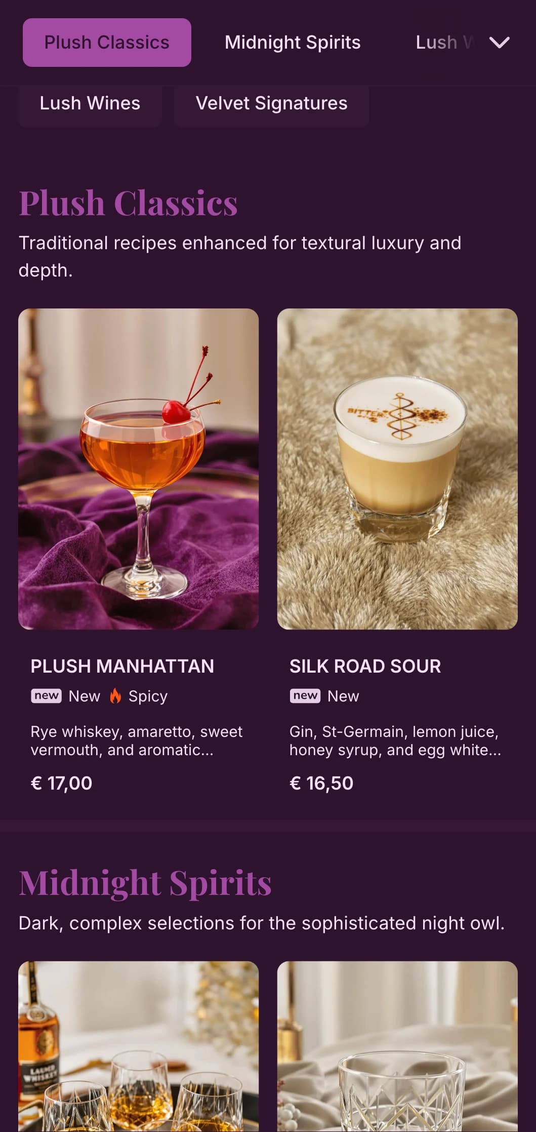Luxurious purple design with velvet textures for intimate speakeasy venues.