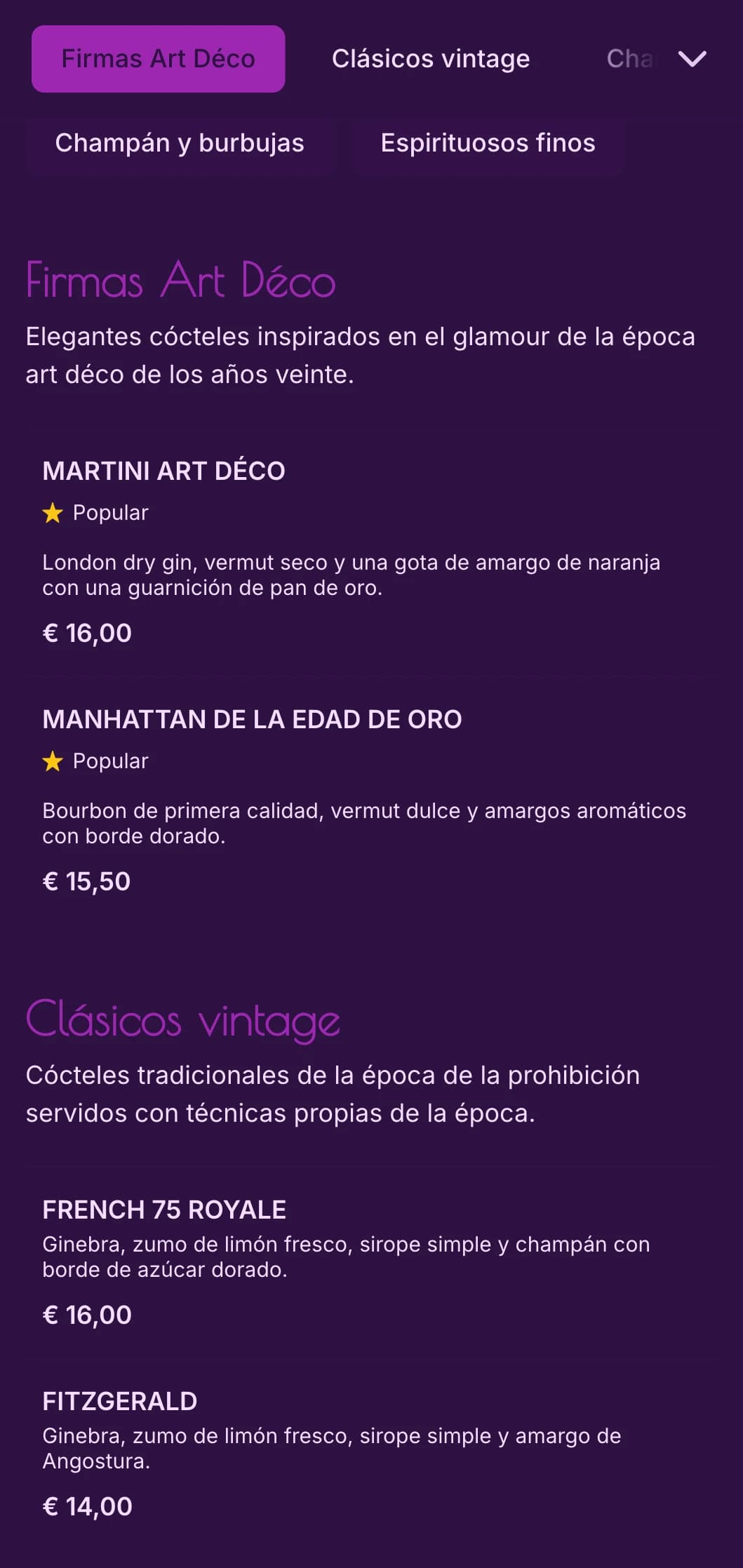 Elegante diseño morado y dorado inspirado en el art déco de los años 20 para salones de cócteles de lujo.