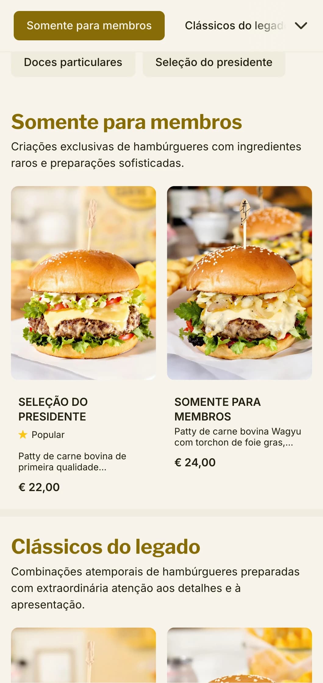 Experiência de hambúrguer premium inspirada em um clube privado, com ambiente exclusivo e serviço refinado.