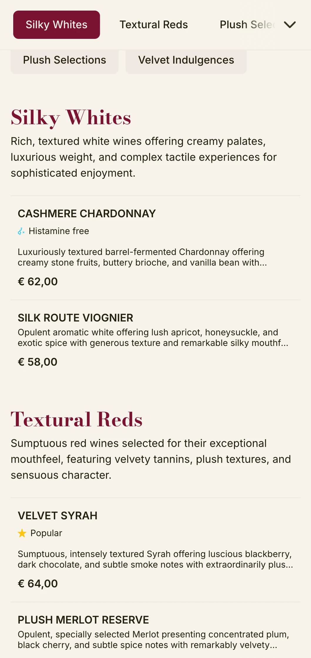 Richly textured wine list template with deep red velvet accents and luxurious elements, ideal for upscale wine cellars and intimate dining venues.