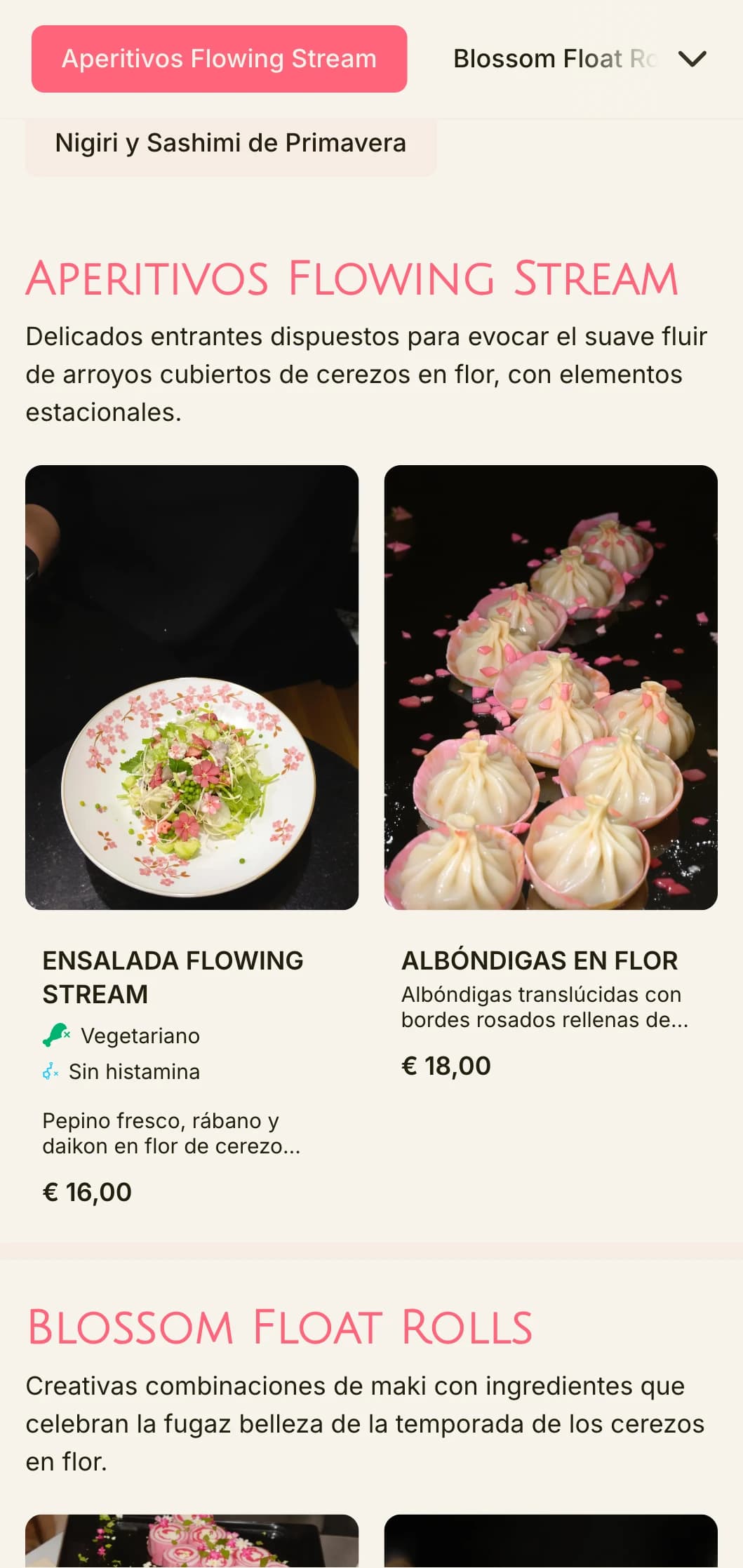 Fluido menú de sushi inspirado en las flores de cerezo, con suaves toques rosas y elementos naturales.