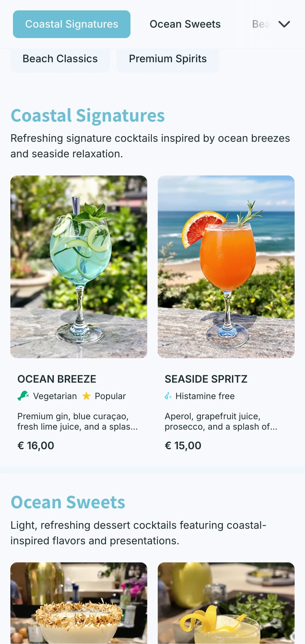 A fresh, coastal-inspired design for seafront bars and beach clubs featuring light blue tones and airy typography.