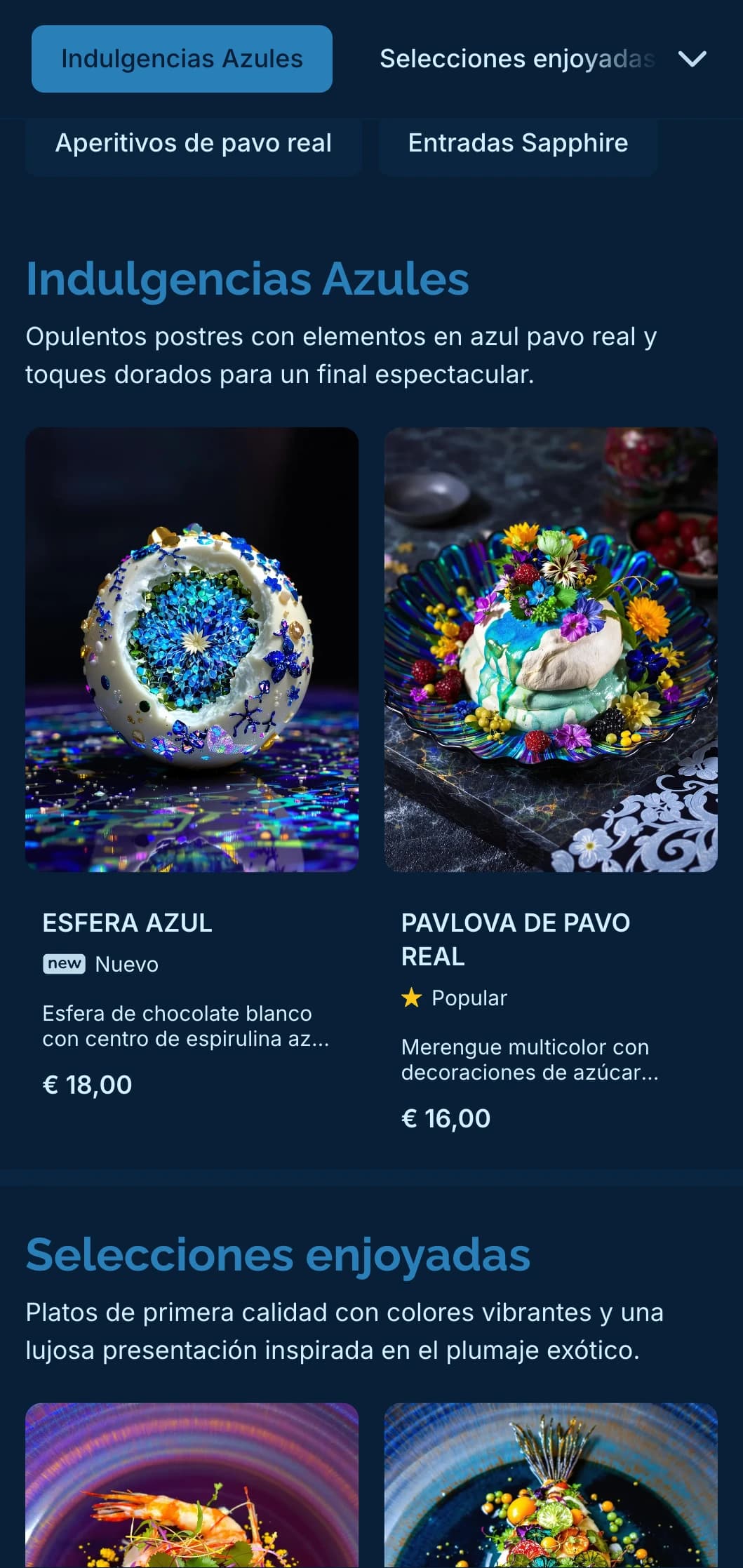 Concepto vibrante y sofisticado a la vez, con tonos azul pavo real y sutiles toques dorados para una experiencia gastronómica de lujo.