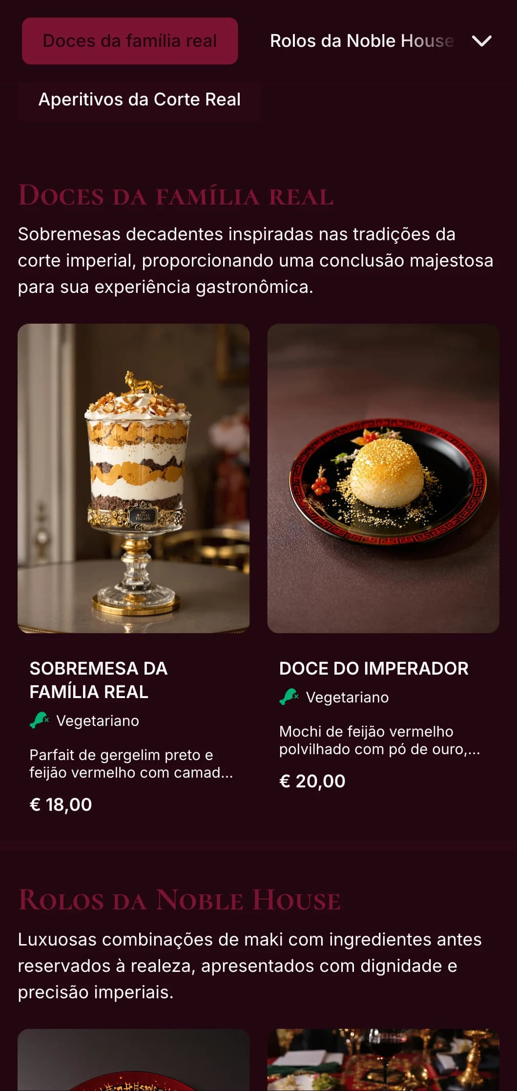 Luxuoso menu de sushi tradicional com detalhes em vermelho imperial e dourado para experiências gastronômicas premium.