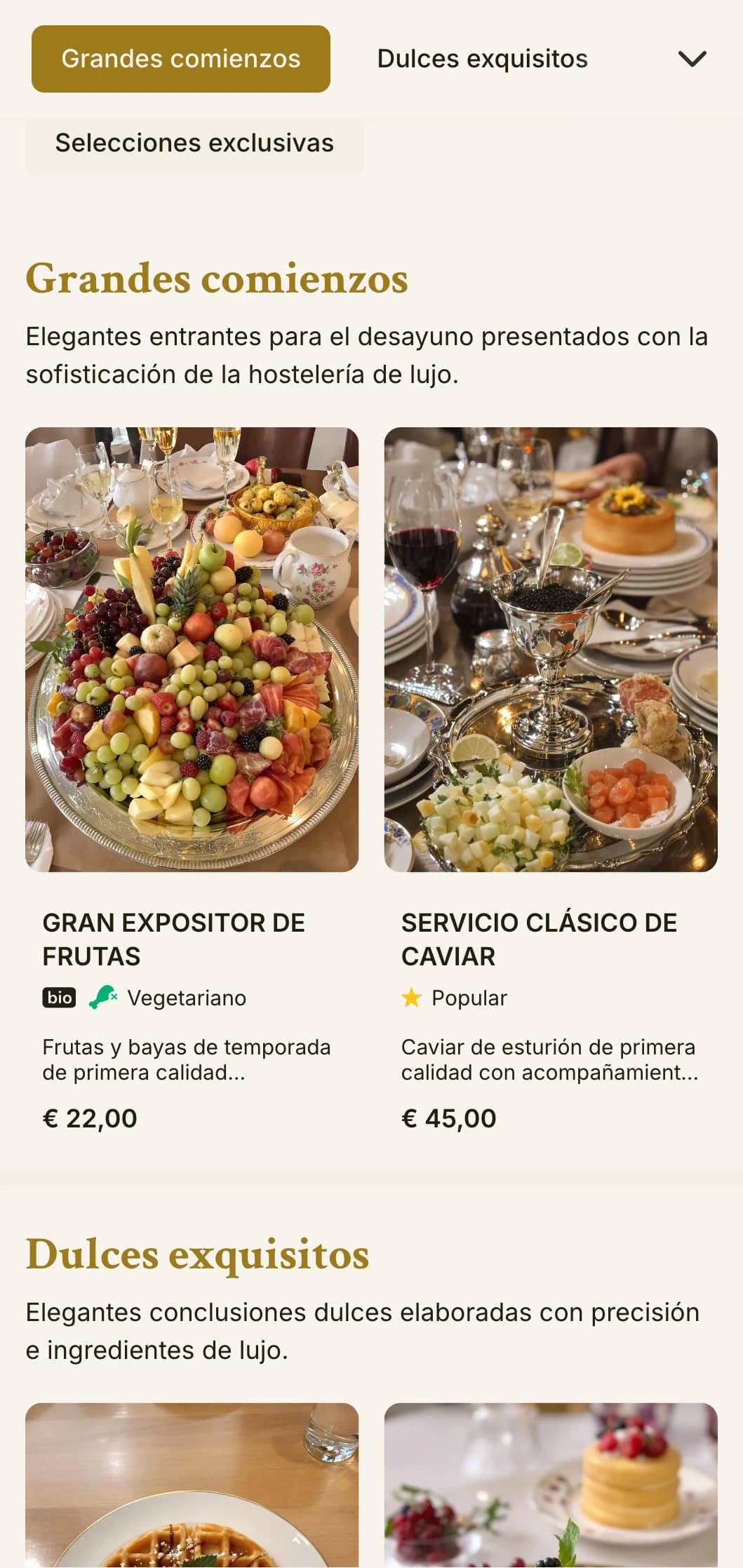 Sofisticada cena matutina con ingredientes de primera calidad y una elegante presentación según la tradición del gran hotel.