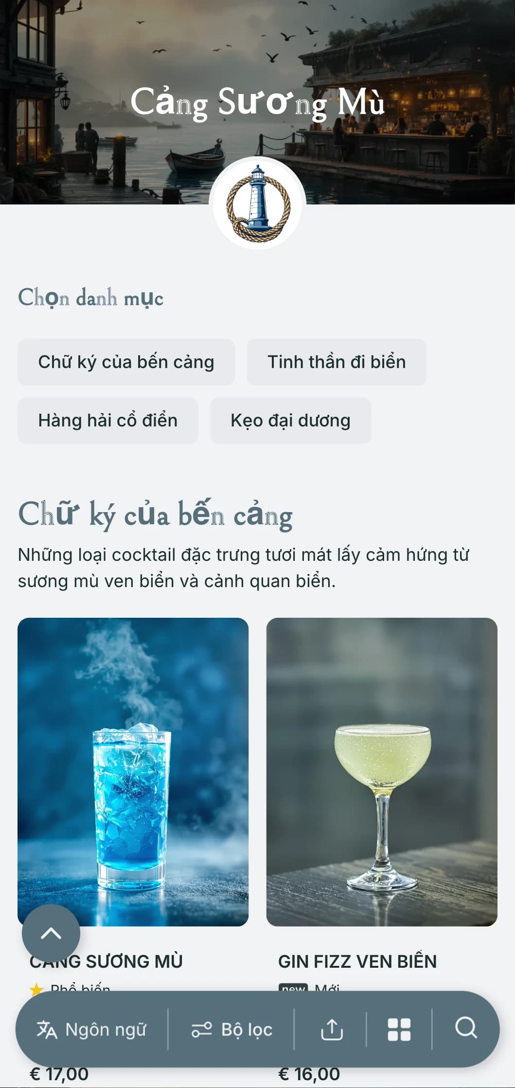 Thiết kế lấy cảm hứng từ bờ biển, bến cảng dành cho các quán bar ven biển với tông màu xanh xám mờ và các yếu tố hàng hải.