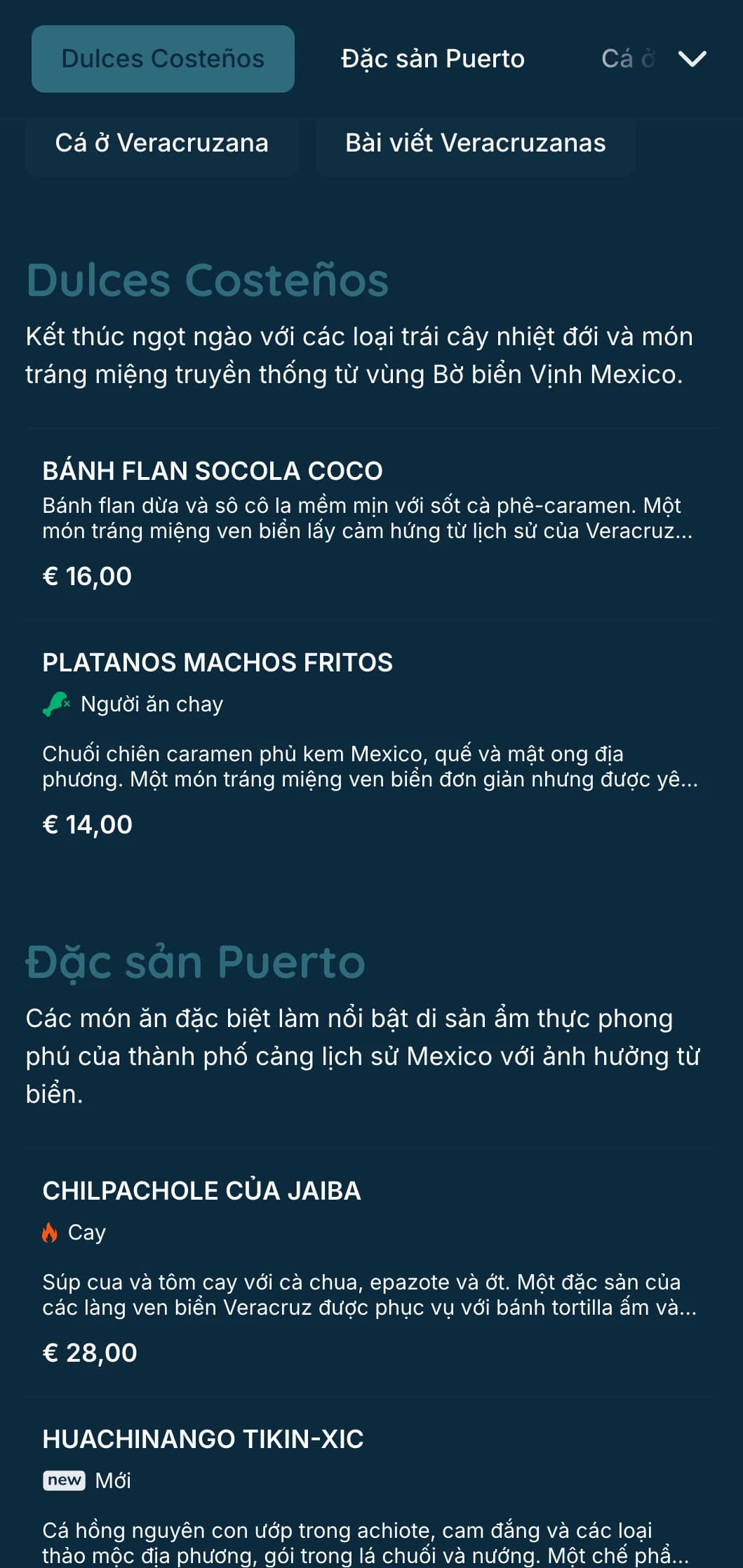 Thực đơn ven biển tươi ngon giới thiệu các đặc sản hải sản Veracruz với điểm nhấn màu ngọc lam, hình ảnh bờ biển và các món cá đặc trưng.
