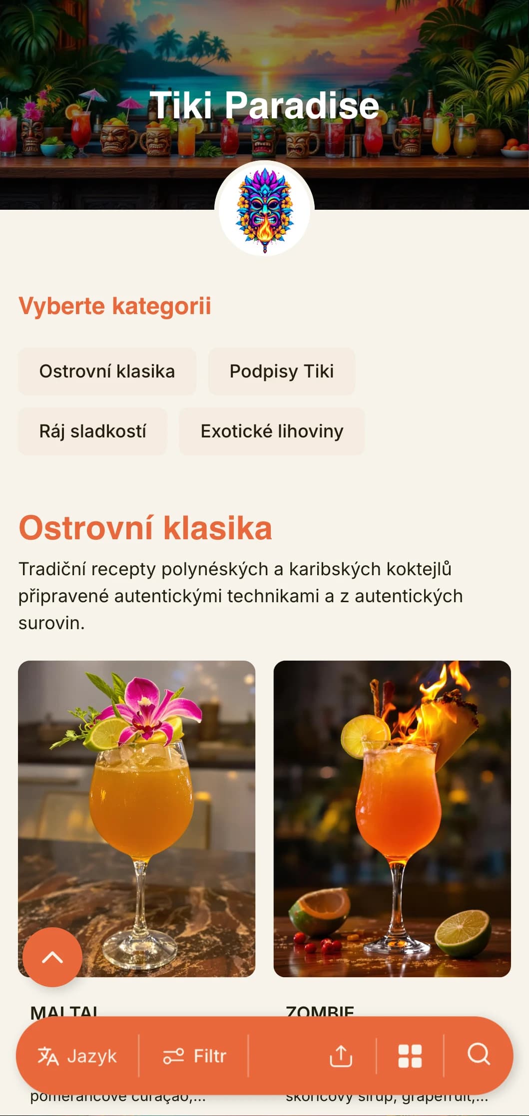 Exotický, zářivý design pro tiki bary a tropické koktejlové salónky s hravou typografií a teplými barvami.