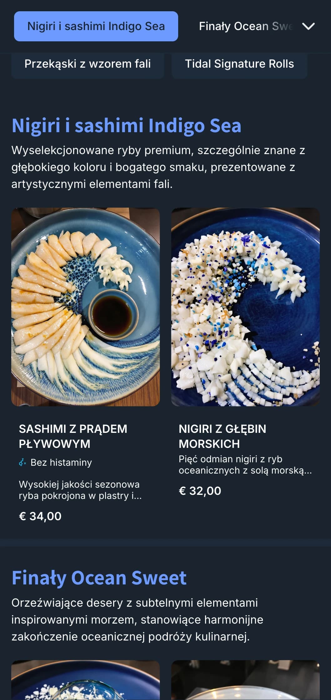 Inspirowane oceanem menu sushi z głębokimi falami indygo i nowoczesnym designem dla restauracji koncentrujących się na owocach morza.
