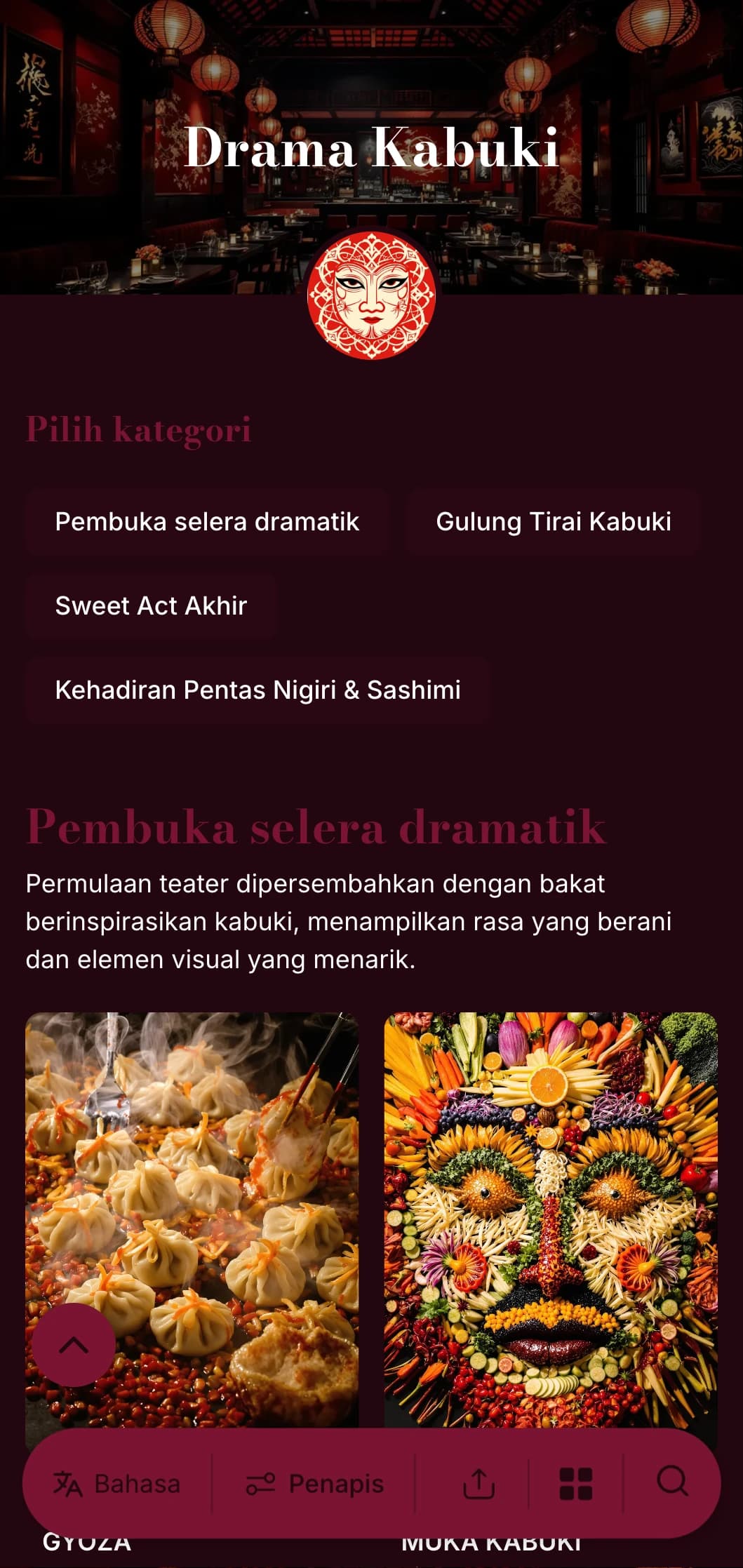 Menu sushi teater yang diilhamkan oleh Kabuki tradisional, menampilkan kontras merah dan hitam yang dramatik.