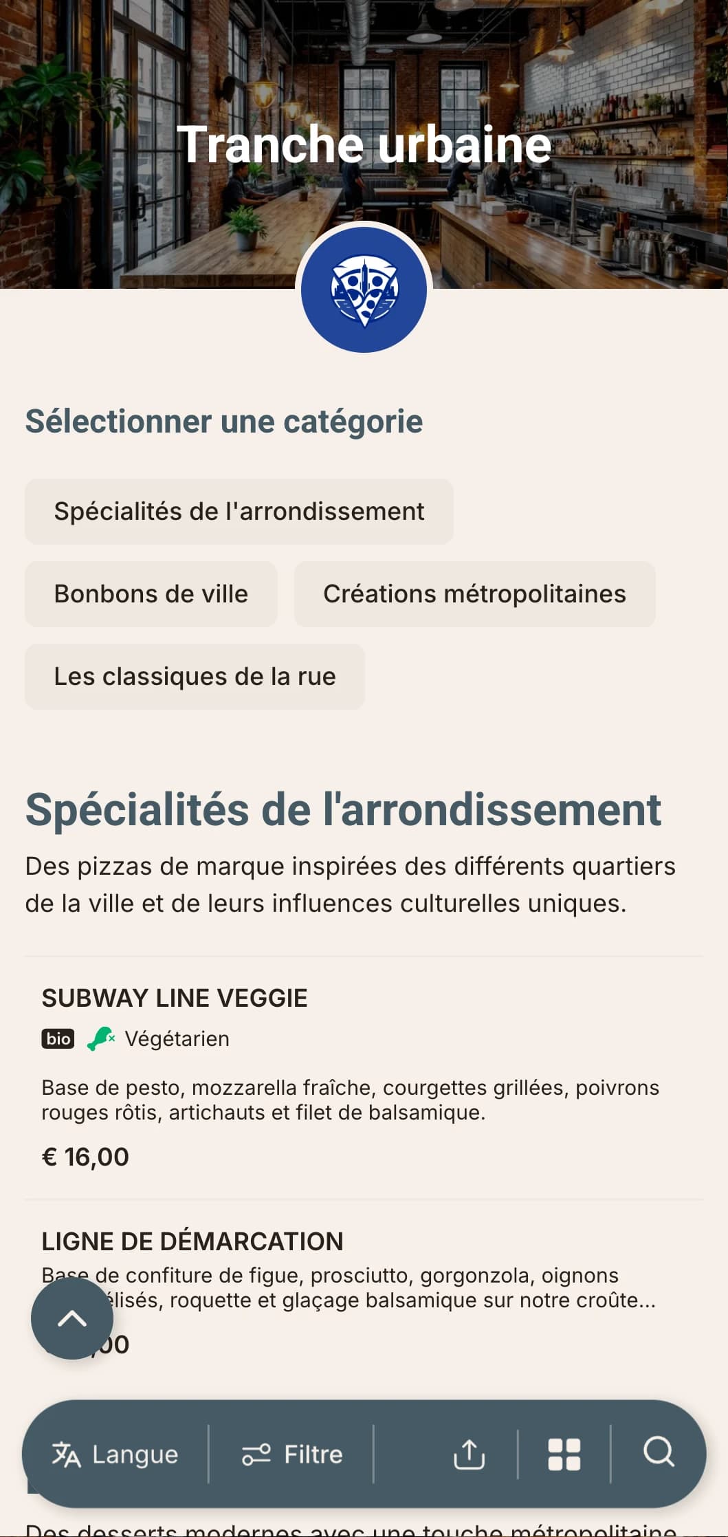 Carte de pizzas urbaine et contemporaine avec des éléments de design industriel, parfaite pour les pizzerias du centre ville.