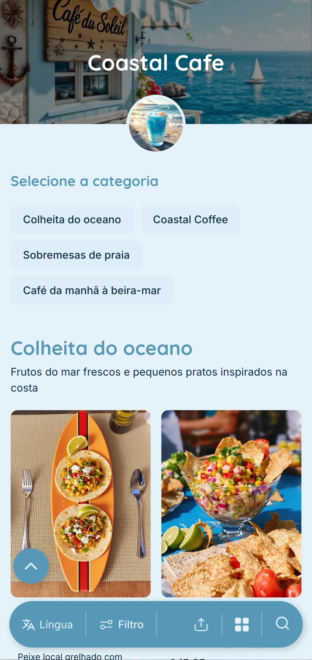 Design azul arejado com elementos litorâneos para cafeterias à beira-mar e cafeterias de frente para a praia.