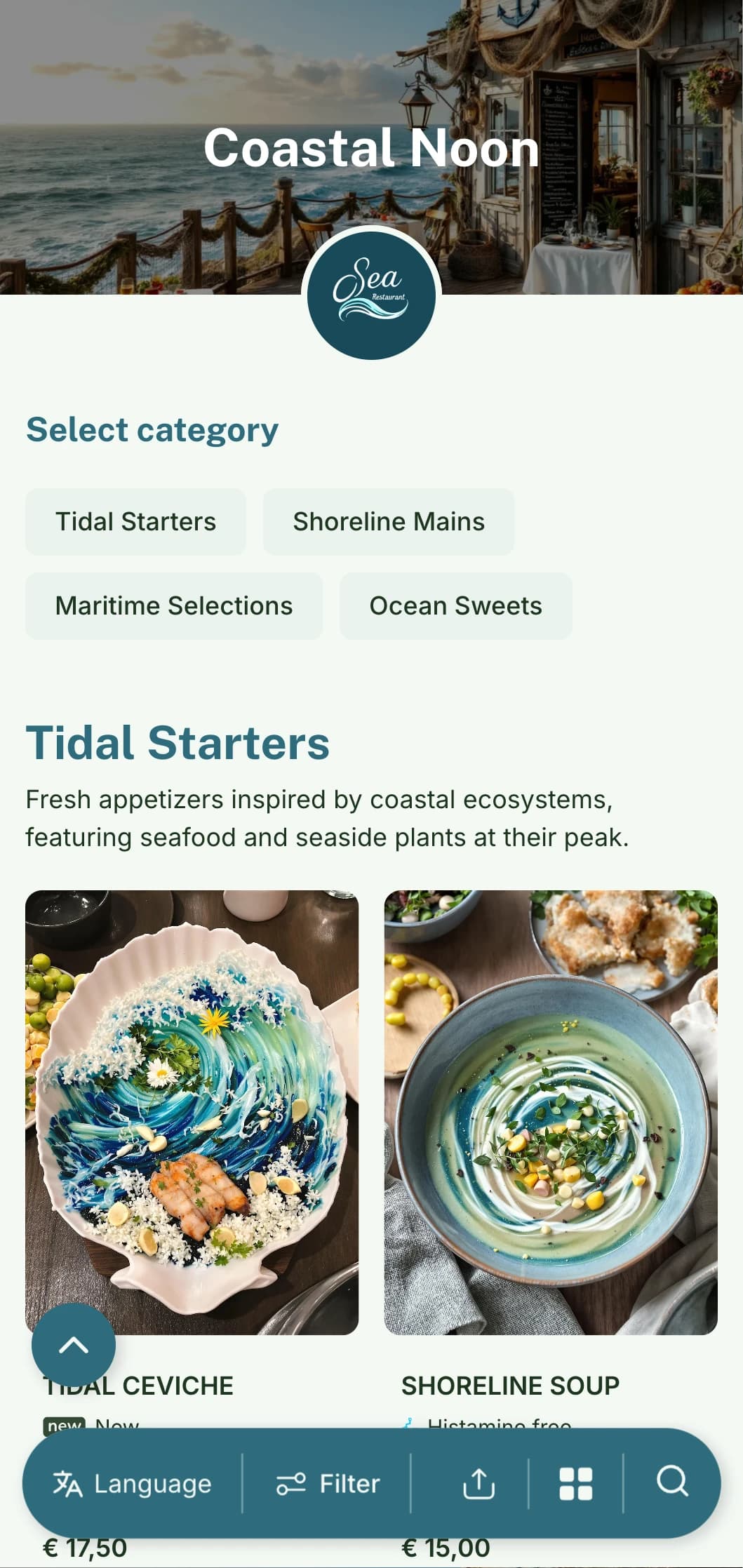 Fresh, maritime-inspired lunch menu design with coastal elements and ocean references, ideal for seaside restaurants and waterfront eateries.