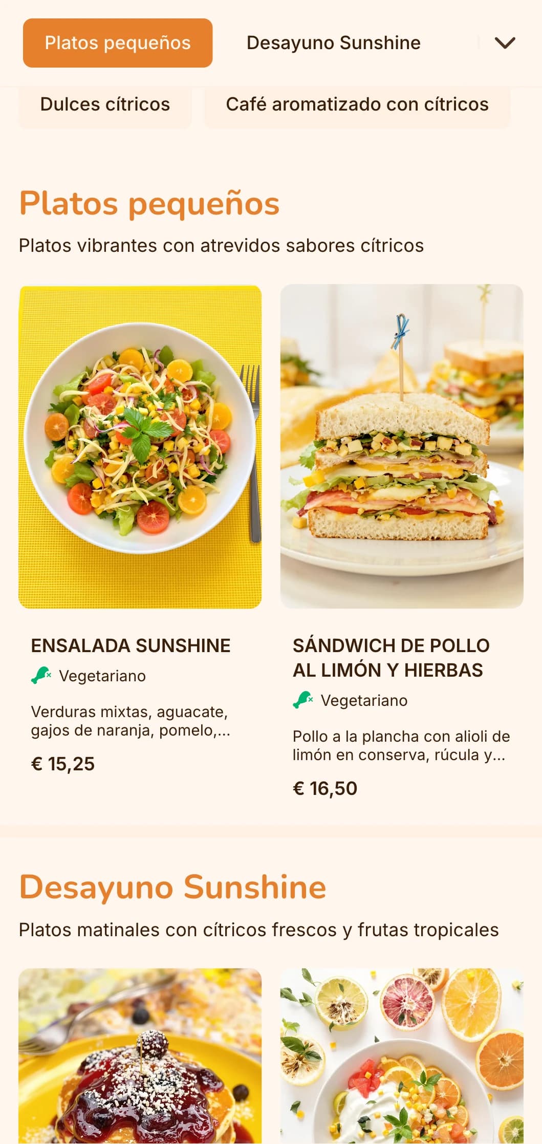 Diseño naranja brillante con elementos cítricos para cafeterías y bares de zumos centrados en la fruta.